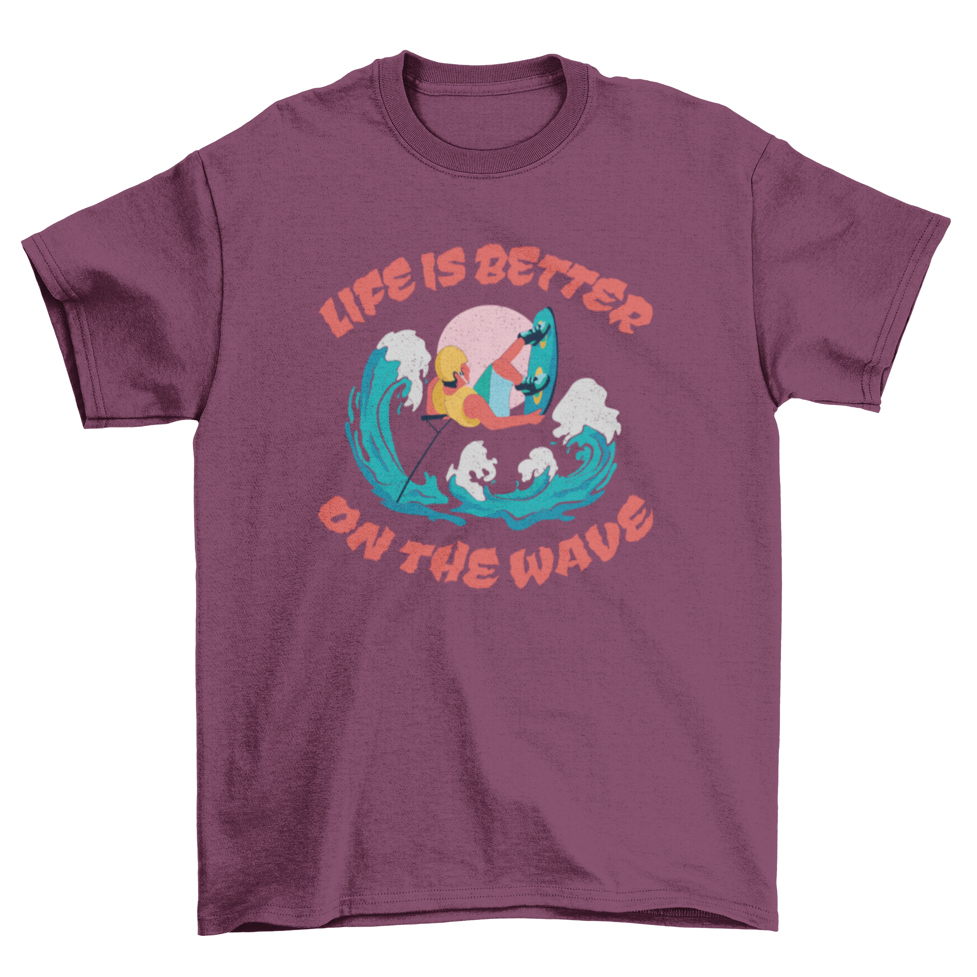 Wakeboarding Quote T-Shirt featuring a wakeboarder and the quote 'Life is better on the wave'.