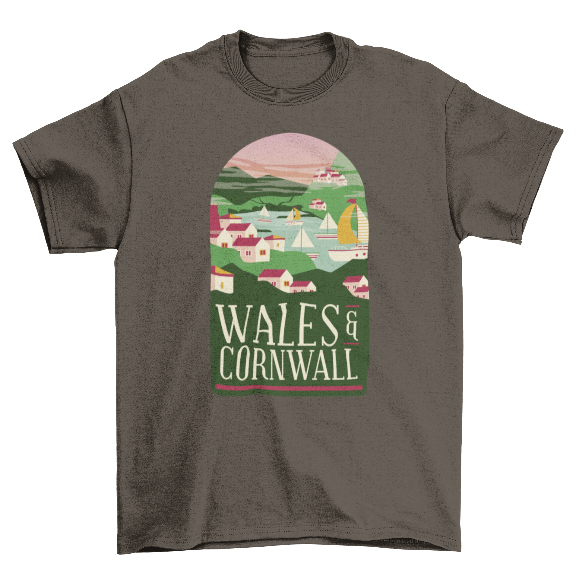 Wales & Cornwall T-Shirt featuring seaside villages, fishing boats, and mountains in a vibrant design.