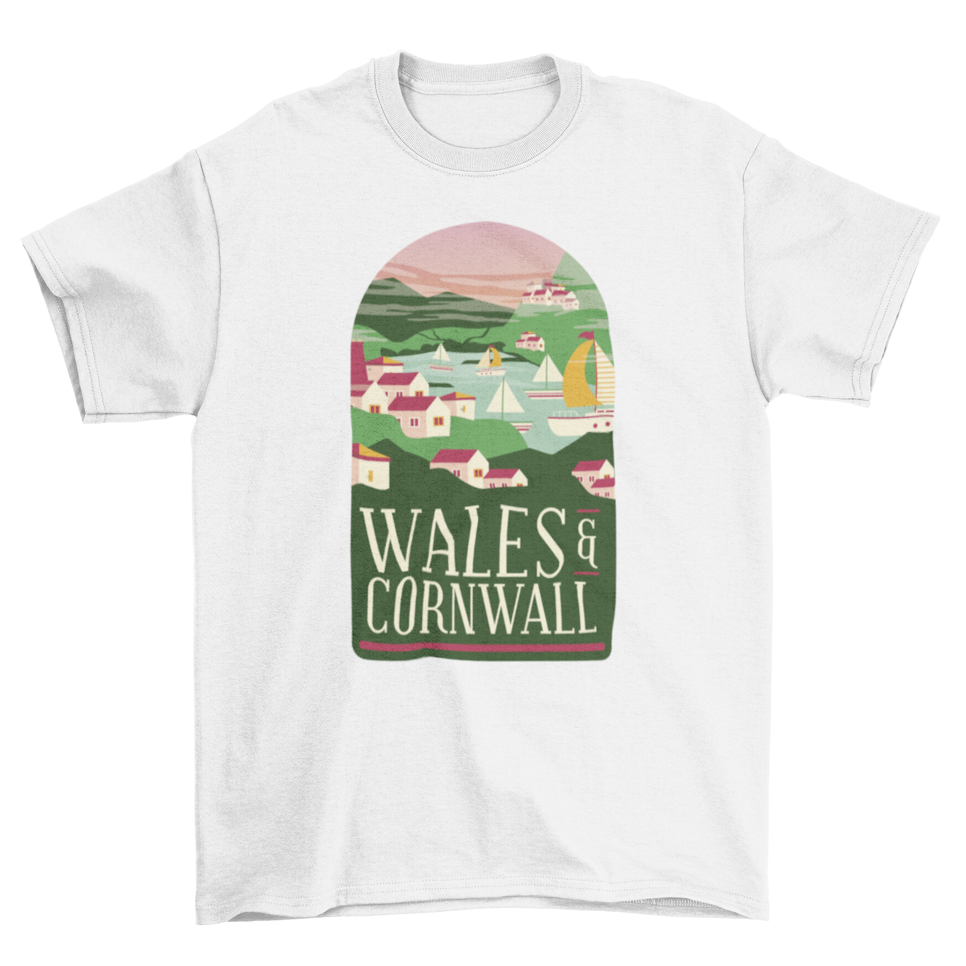 Wales & Cornwall T-Shirt featuring seaside villages, fishing boats, and mountains in a vibrant design.