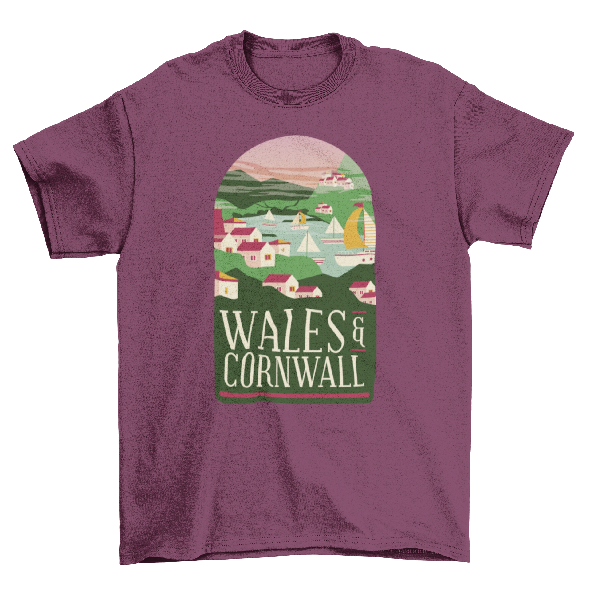 Wales & Cornwall T-Shirt featuring seaside villages, fishing boats, and mountains in a vibrant design.