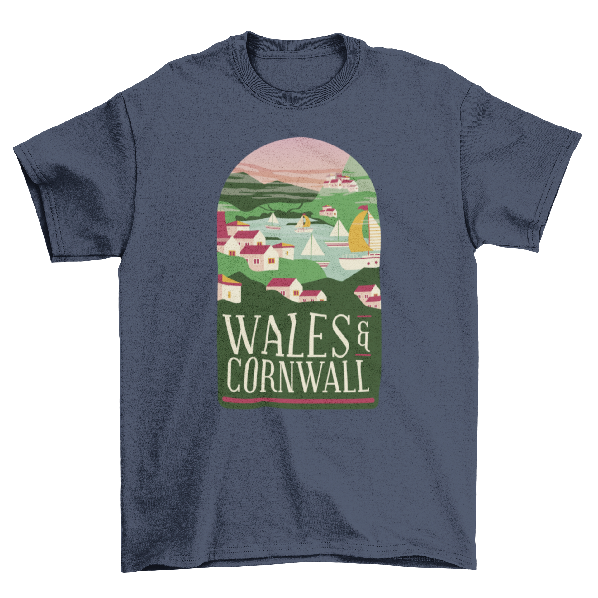 Wales & Cornwall T-Shirt featuring seaside villages, fishing boats, and mountains in a vibrant design.