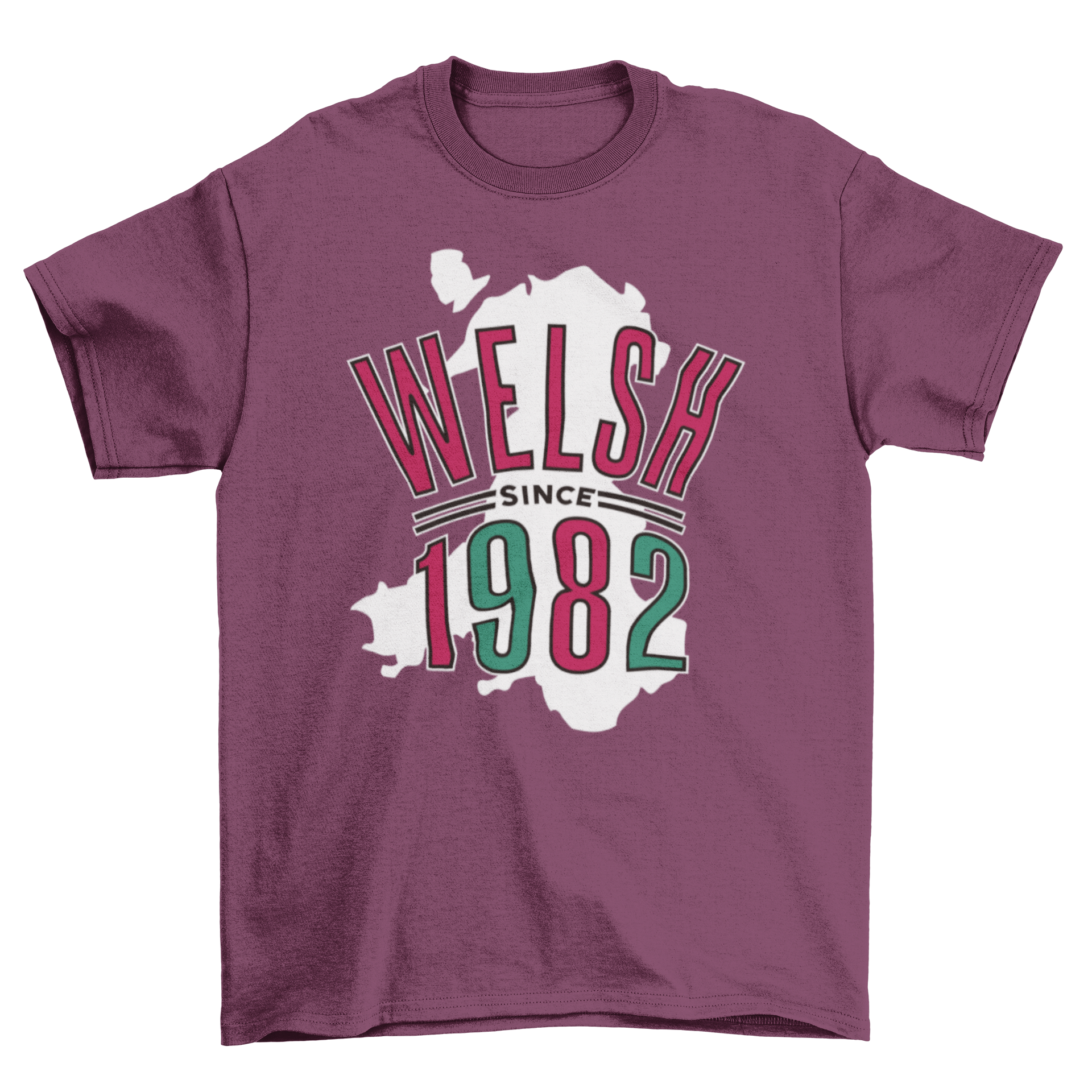 Wales country map t-shirt featuring the quote 'Welsh since 1982', showcasing a stylish design.