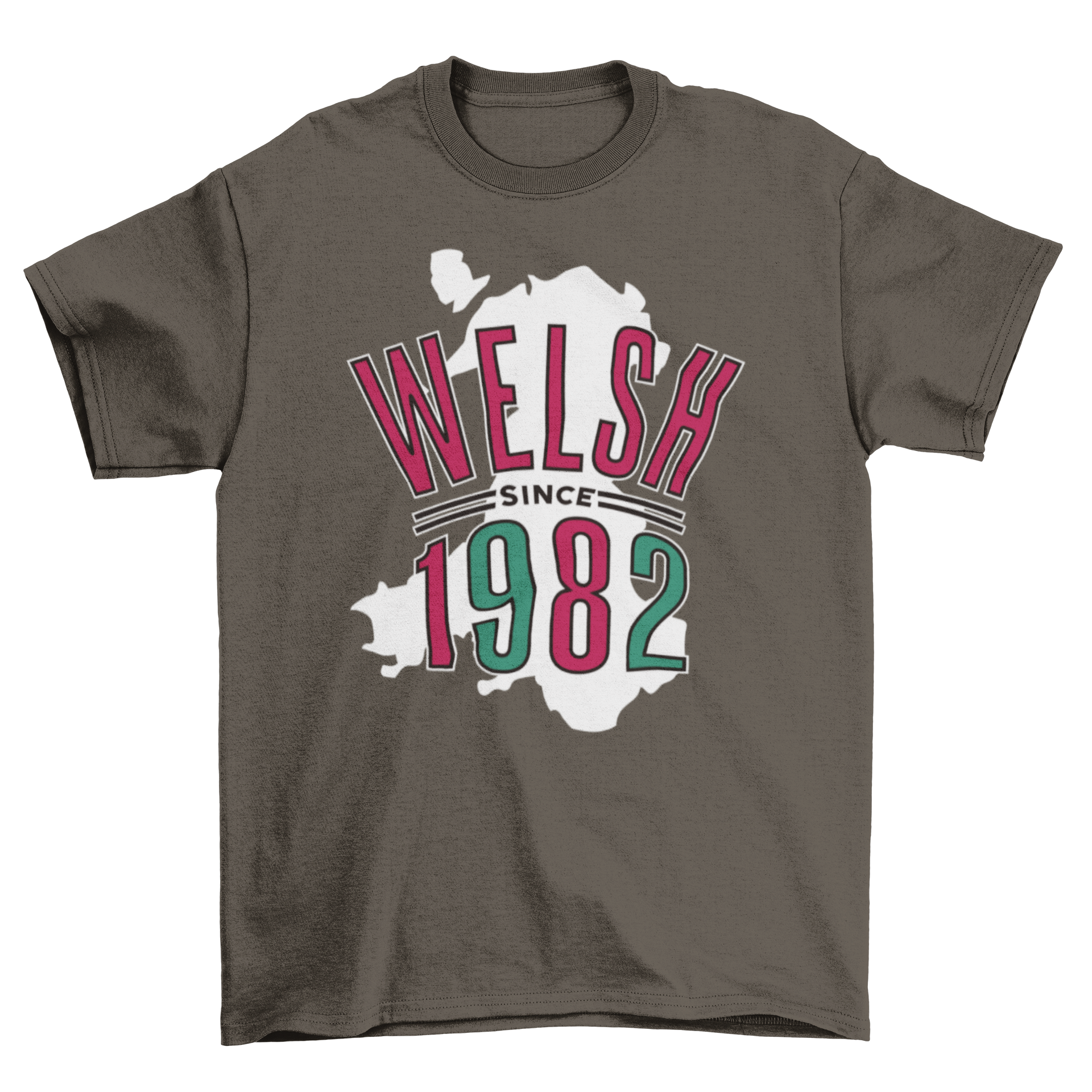 Wales country map t-shirt featuring the quote 'Welsh since 1982', showcasing a stylish design.
