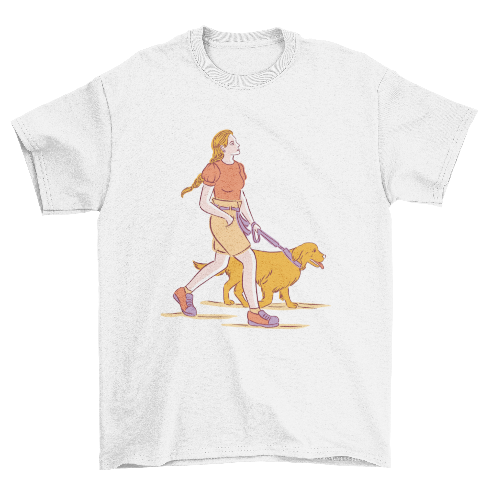 A charming t-shirt design featuring a girl walking her dog, showcasing a joyful bond between them.