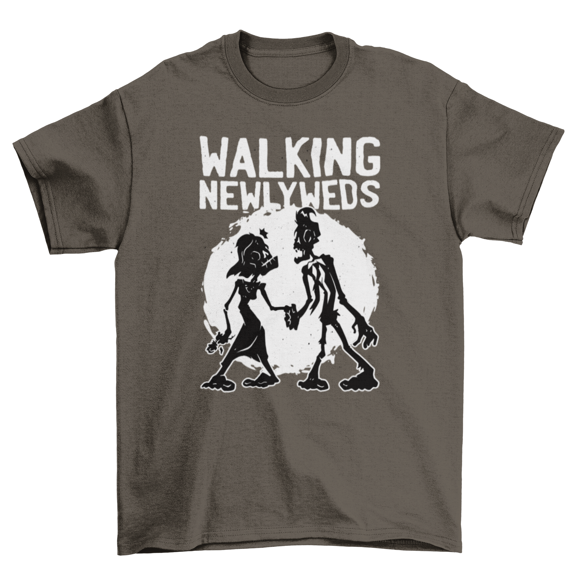 Funny Walking Newlyweds t-shirt featuring two zombies holding hands with a humorous caption.