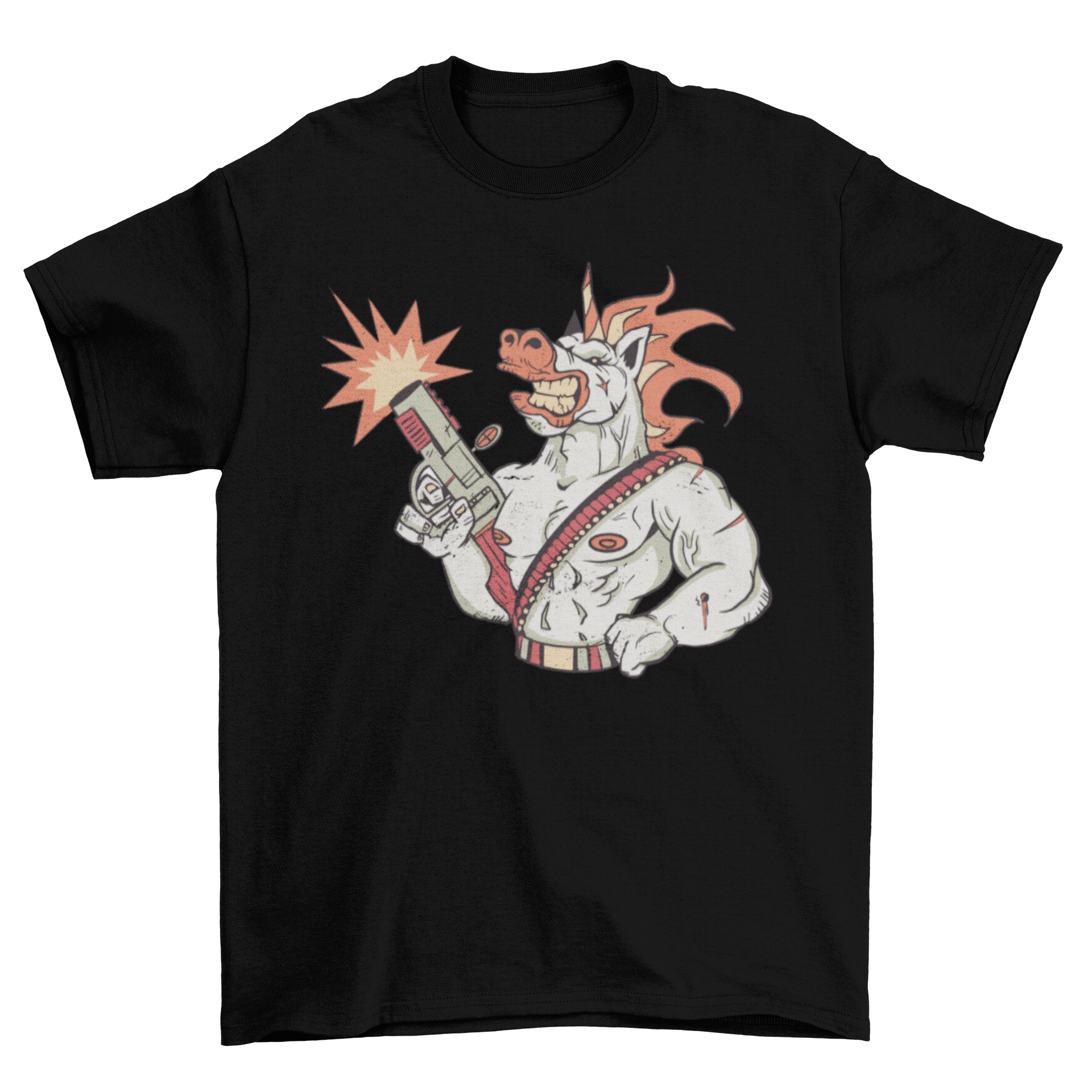 A stylish t-shirt featuring a fierce war unicorn design, perfect for fantasy lovers.