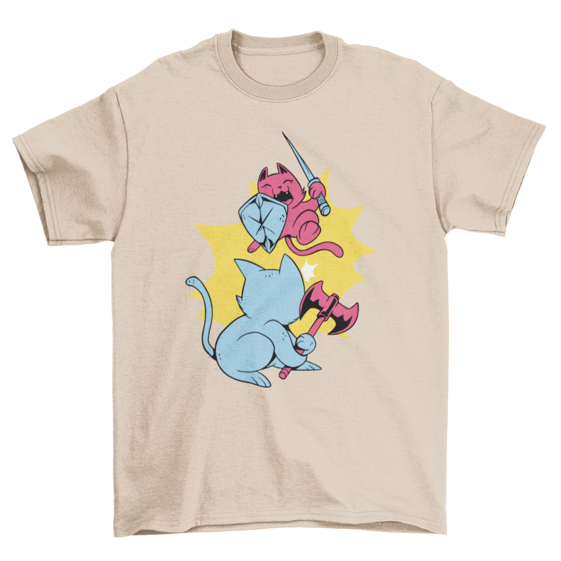 Warrior Cats T-shirt featuring two playful cats with medieval weapons in a vibrant design.
