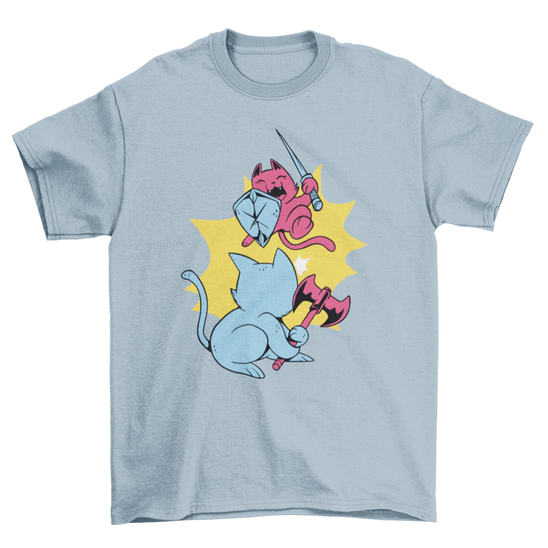 Warrior Cats T-shirt featuring two playful cats with medieval weapons in a vibrant design.