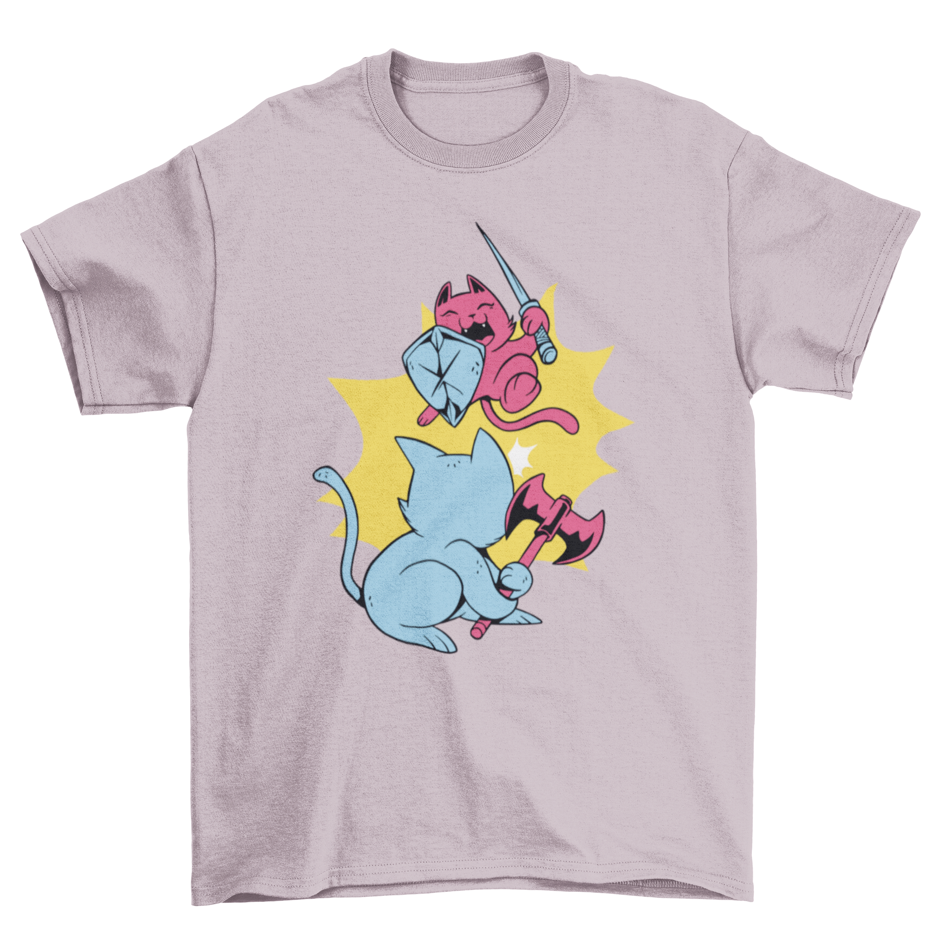 Warrior Cats T-shirt featuring two playful cats with medieval weapons in a vibrant design.