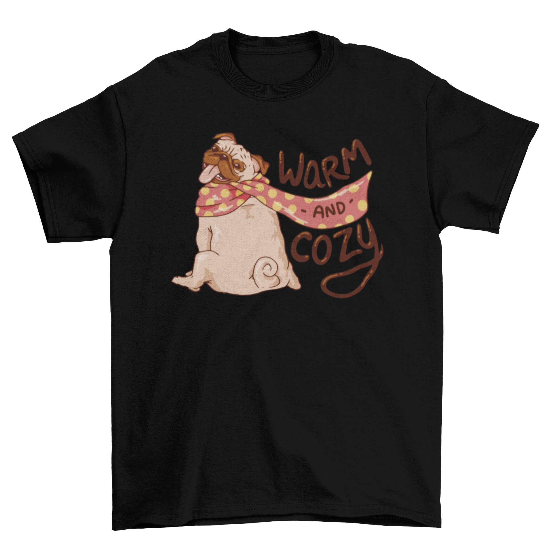 A cute pug dog wearing a colorful scarf on a t-shirt, embodying warmth and coziness.