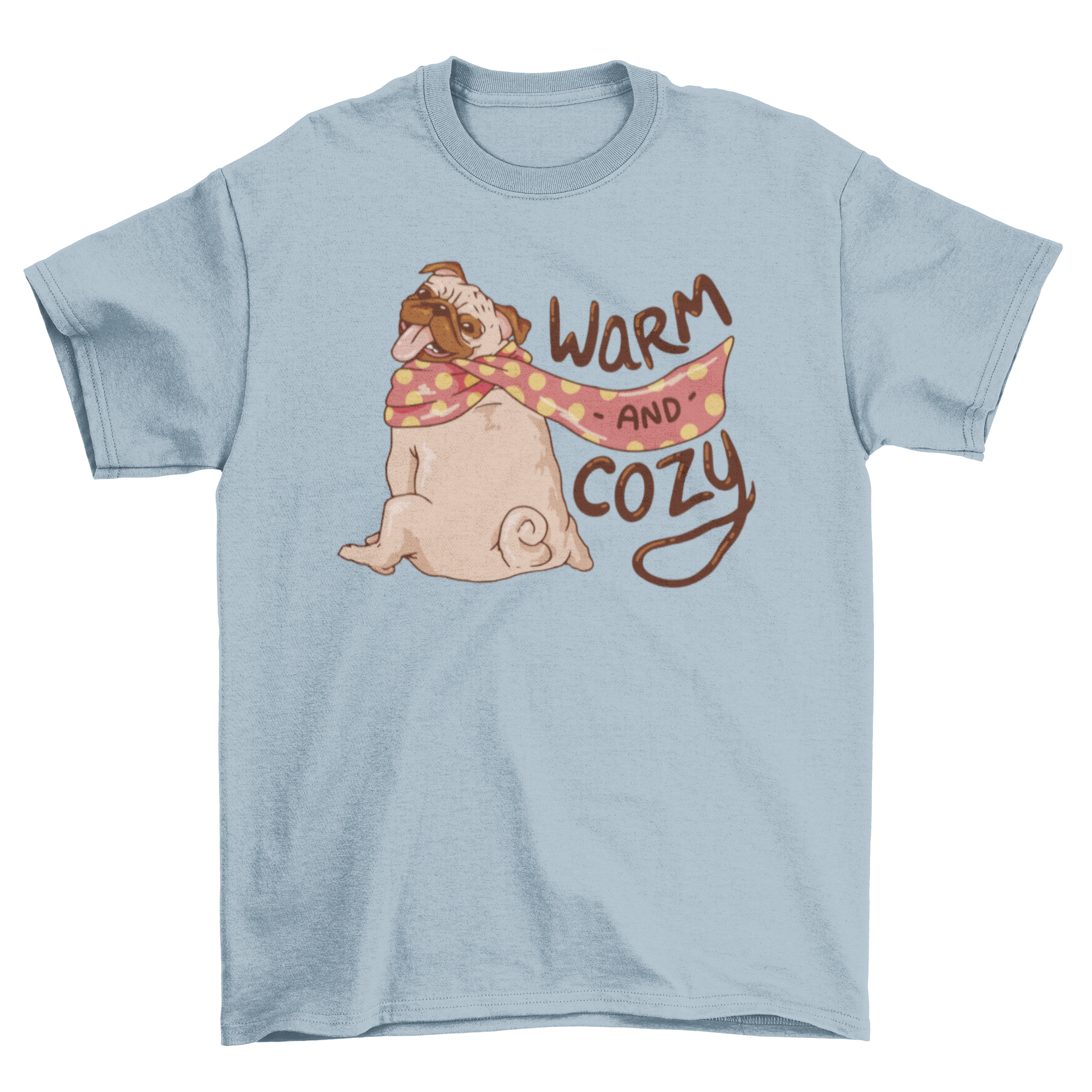 A cute pug dog wearing a colorful scarf on a t-shirt, embodying warmth and coziness.