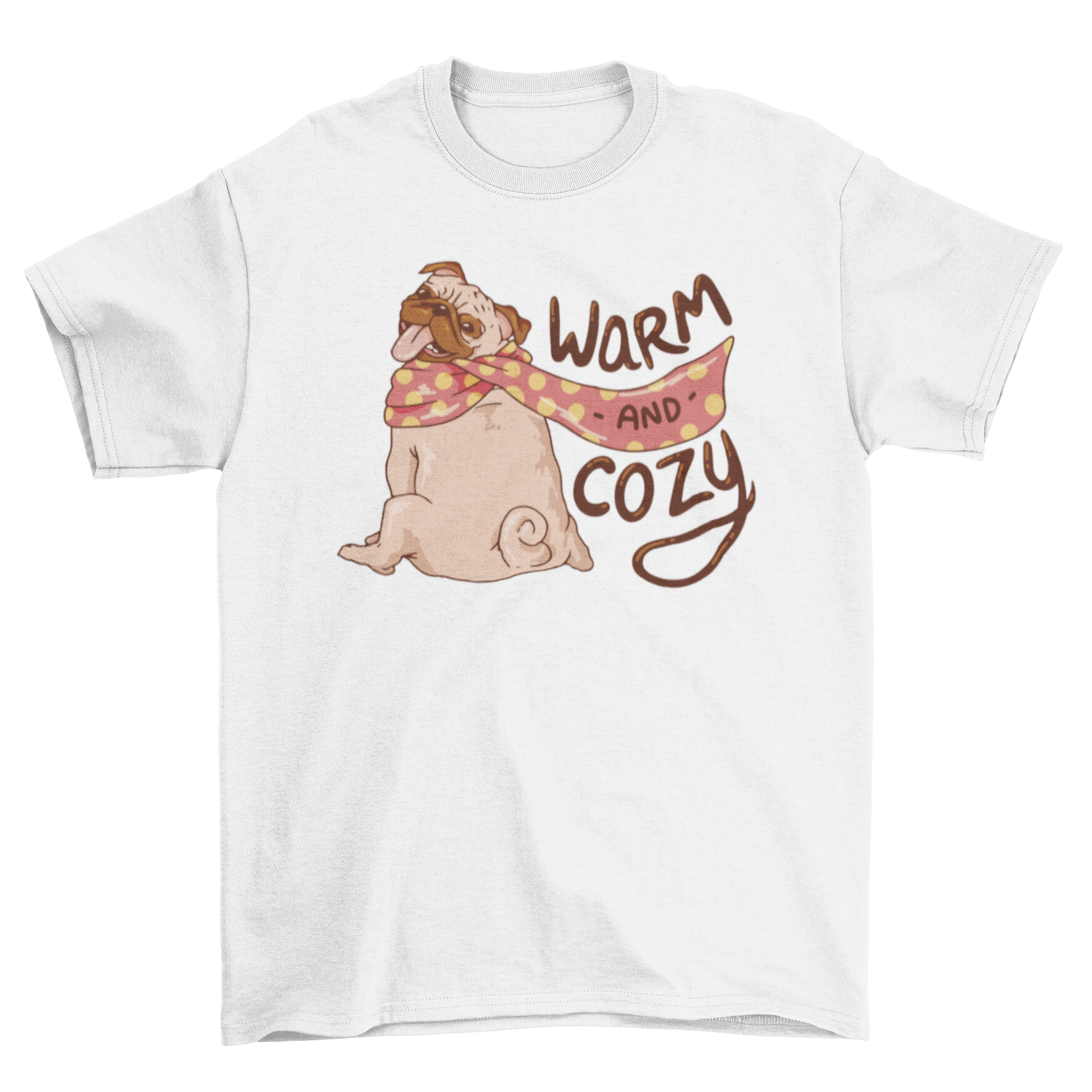 A cute pug dog wearing a colorful scarf on a t-shirt, embodying warmth and coziness.