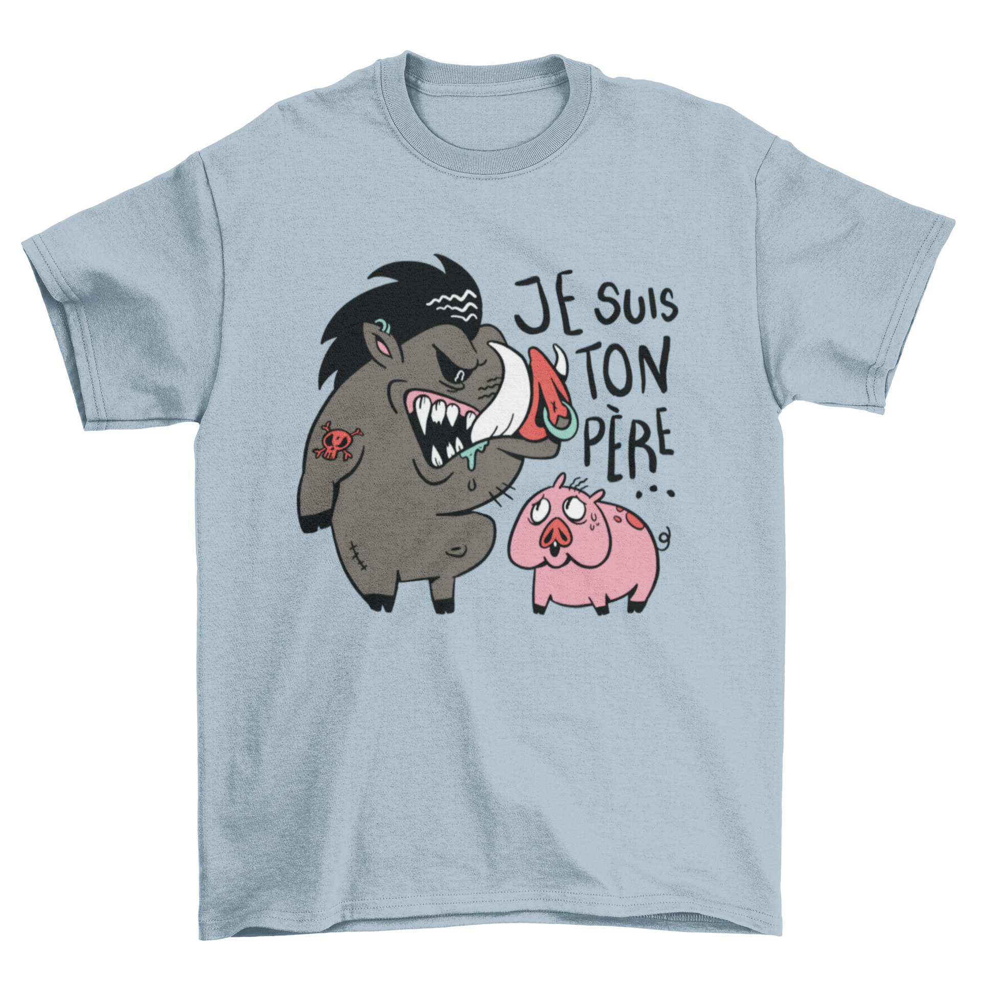 A humorous t-shirt design featuring a warthog intimidating a pig with the quote 'I am your father' in French.