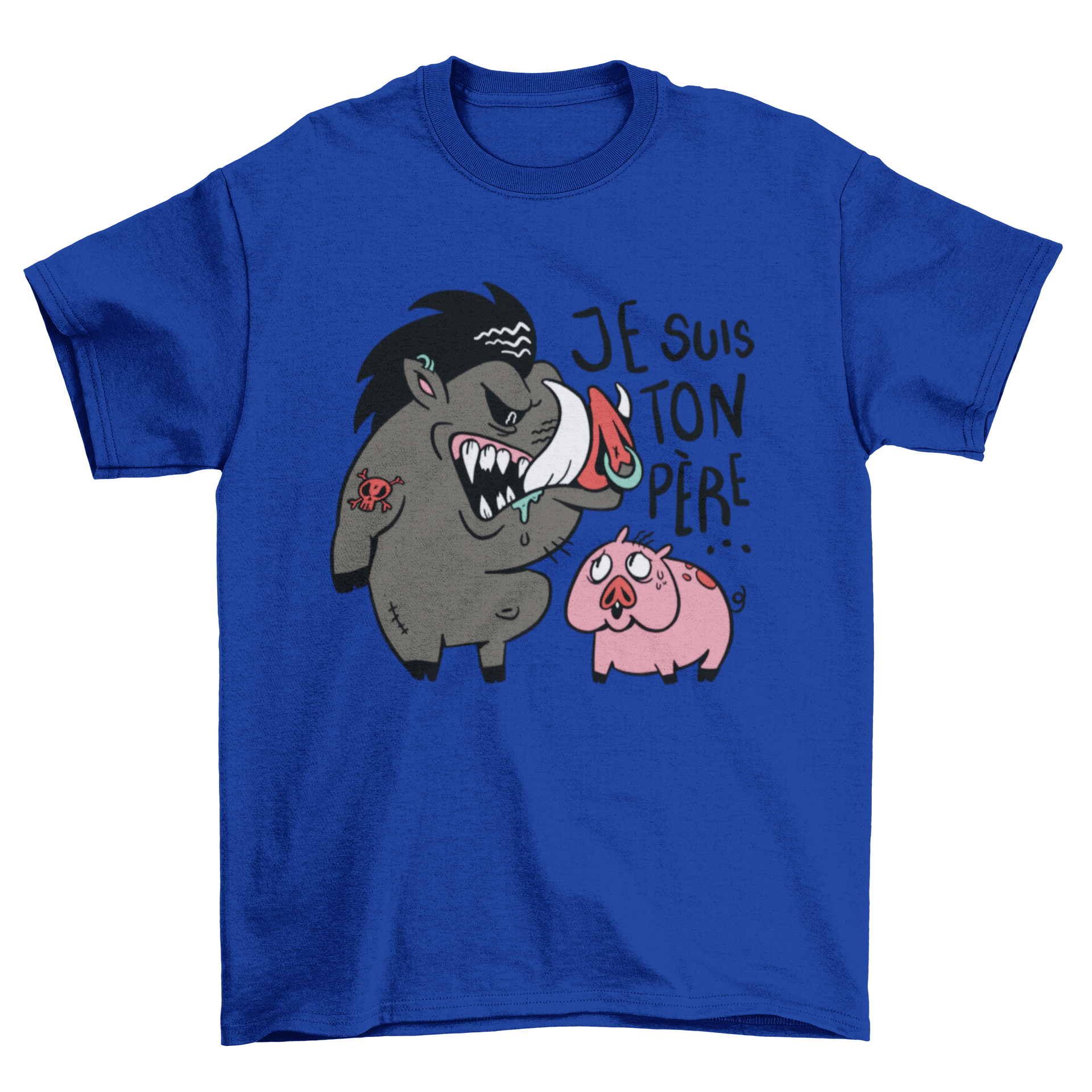 A humorous t-shirt design featuring a warthog intimidating a pig with the quote 'I am your father' in French.