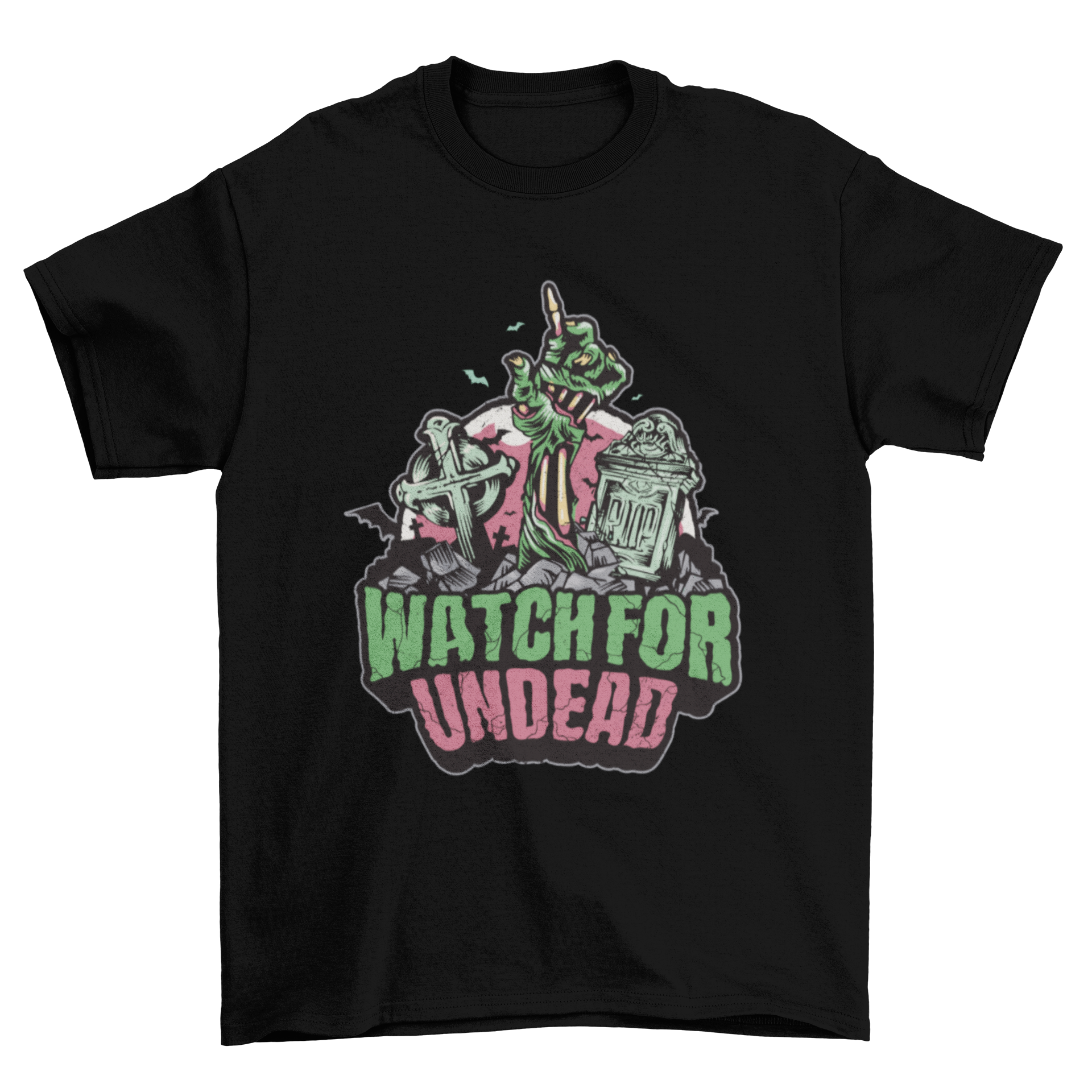 Halloween t-shirt featuring a zombie's hand emerging from the ground with the quote 'Watch for undead'.