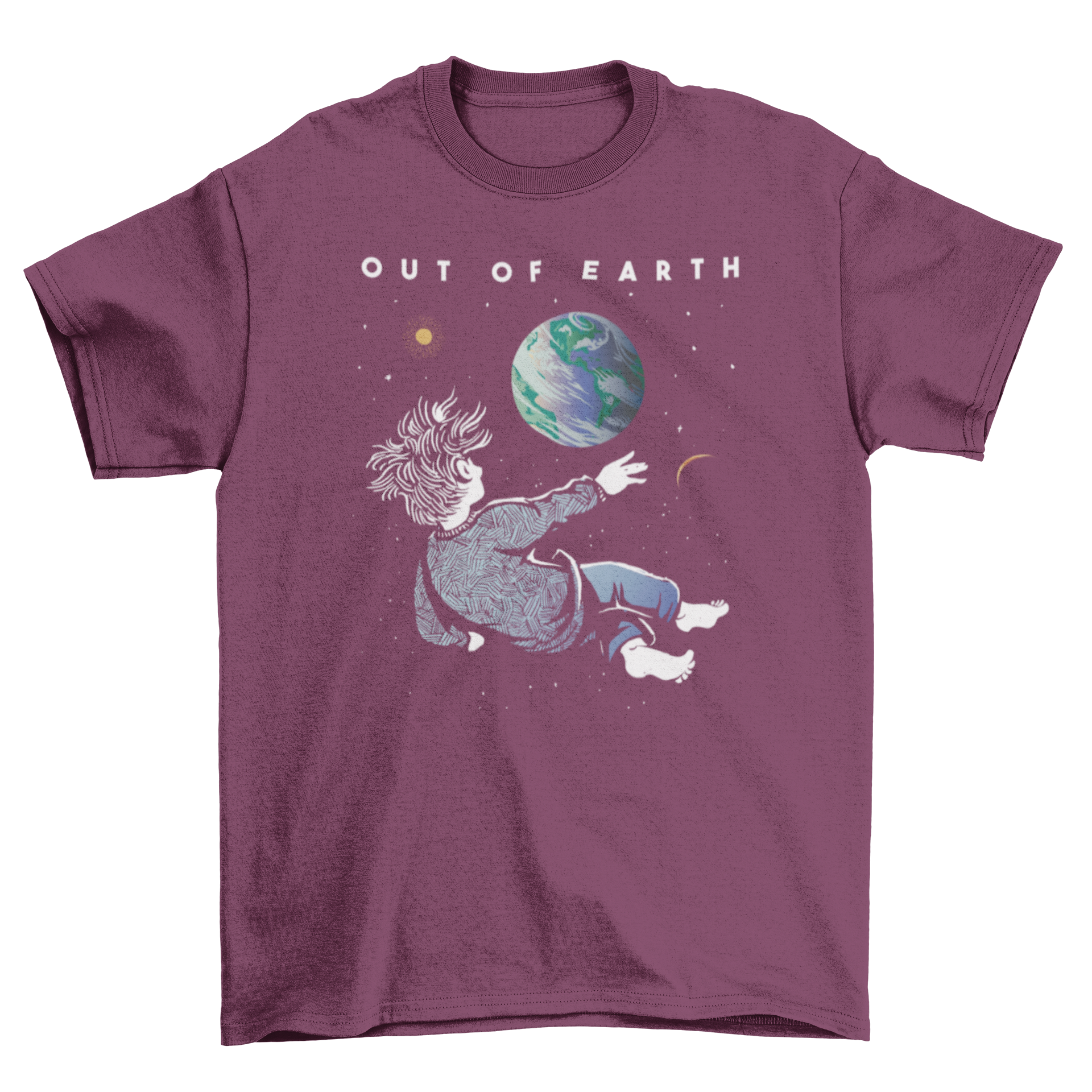 A stylish t-shirt featuring a person floating in space, observing Earth with the quote 'Out of Earth'.