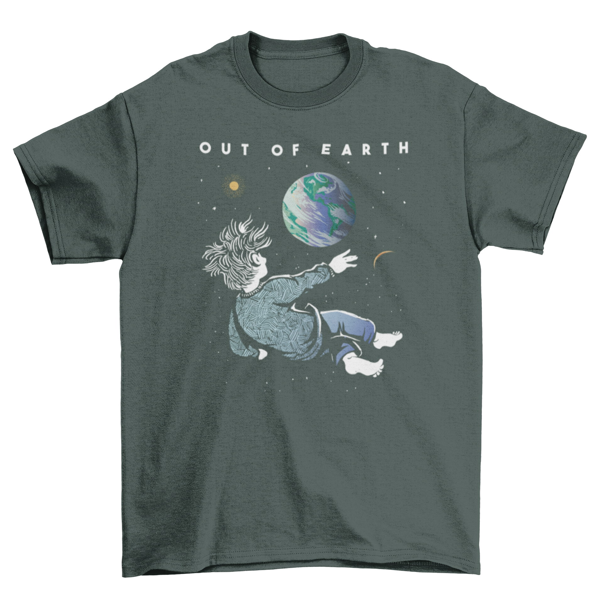 A stylish t-shirt featuring a person floating in space, observing Earth with the quote 'Out of Earth'.