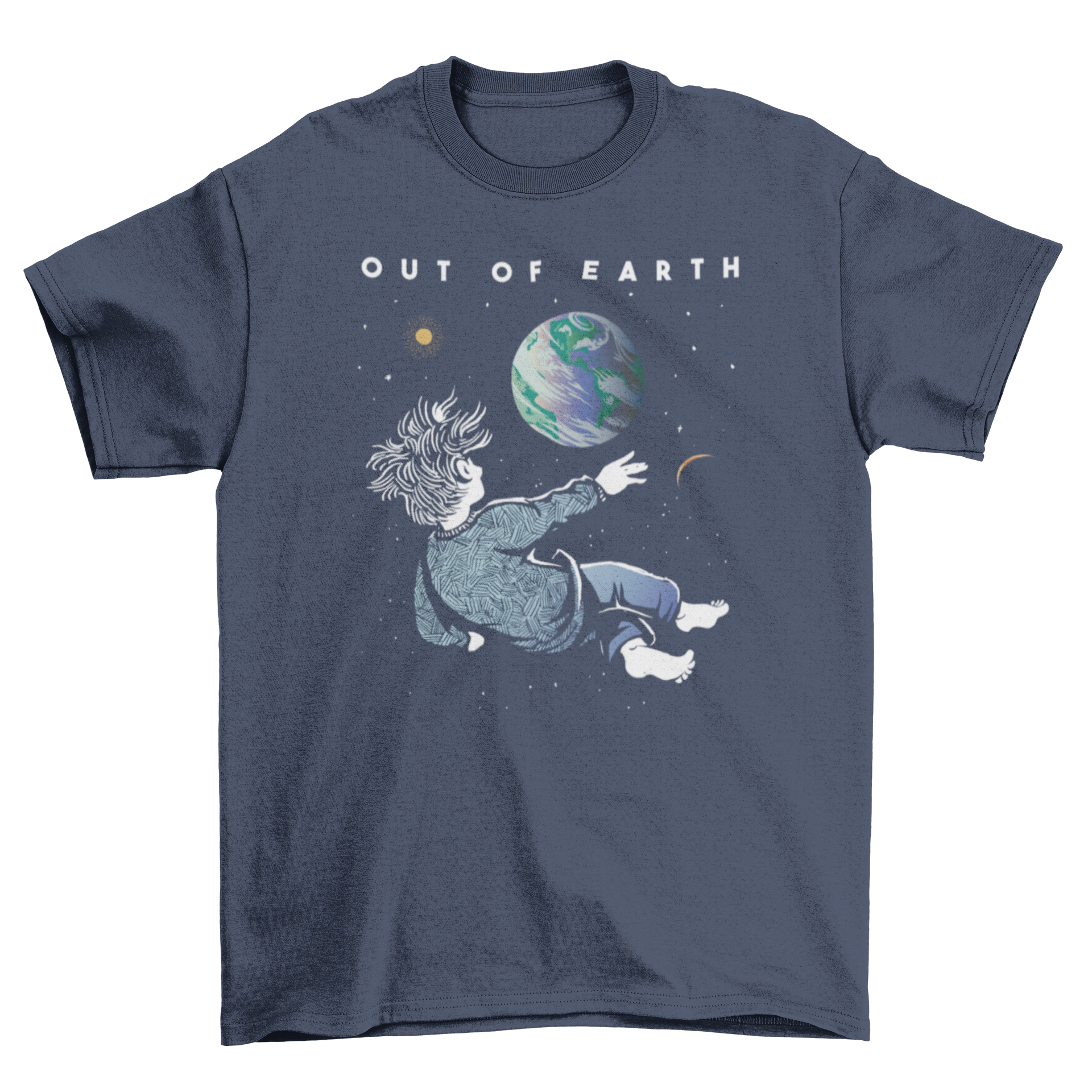 A stylish t-shirt featuring a person floating in space, observing Earth with the quote 'Out of Earth'.