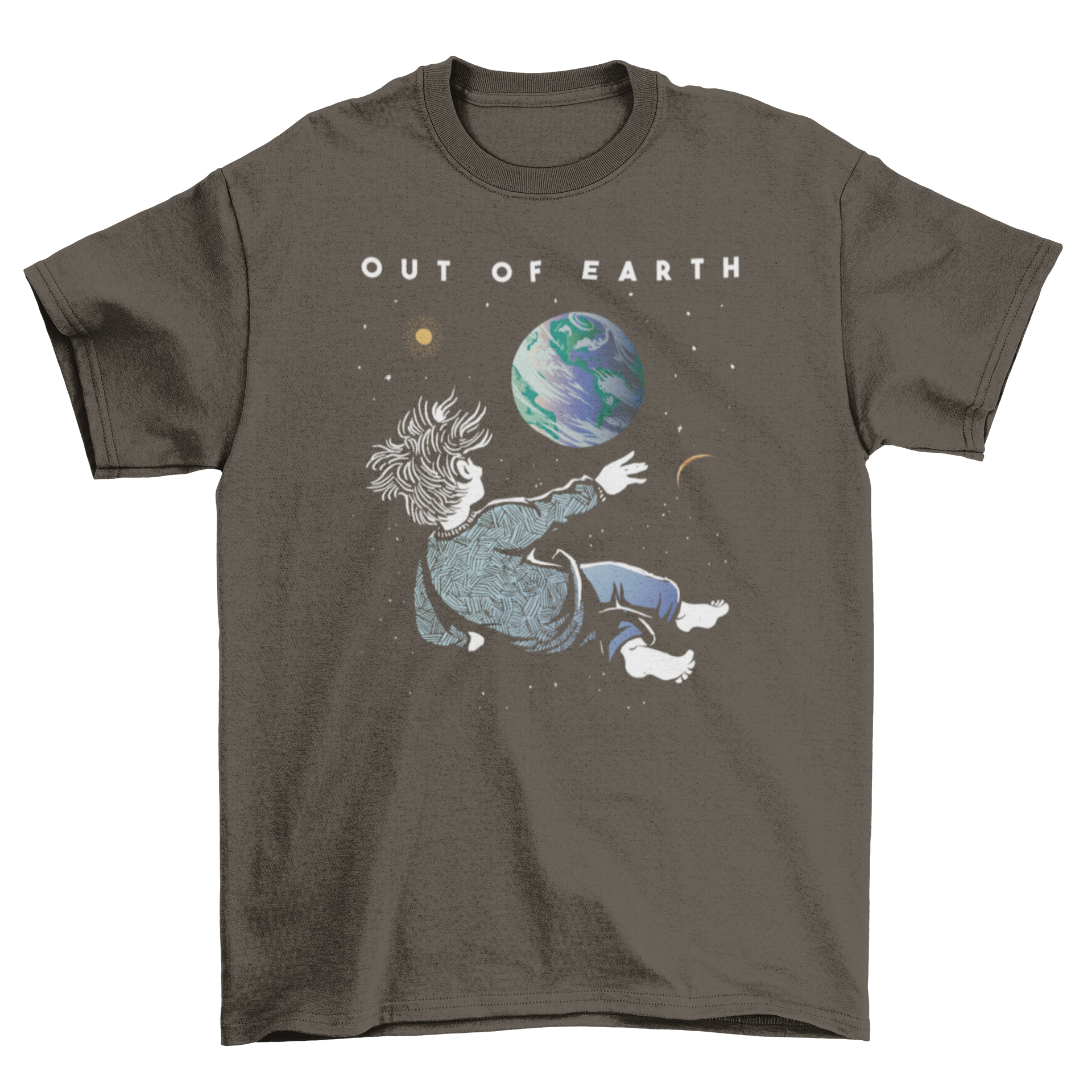 A stylish t-shirt featuring a person floating in space, observing Earth with the quote 'Out of Earth'.