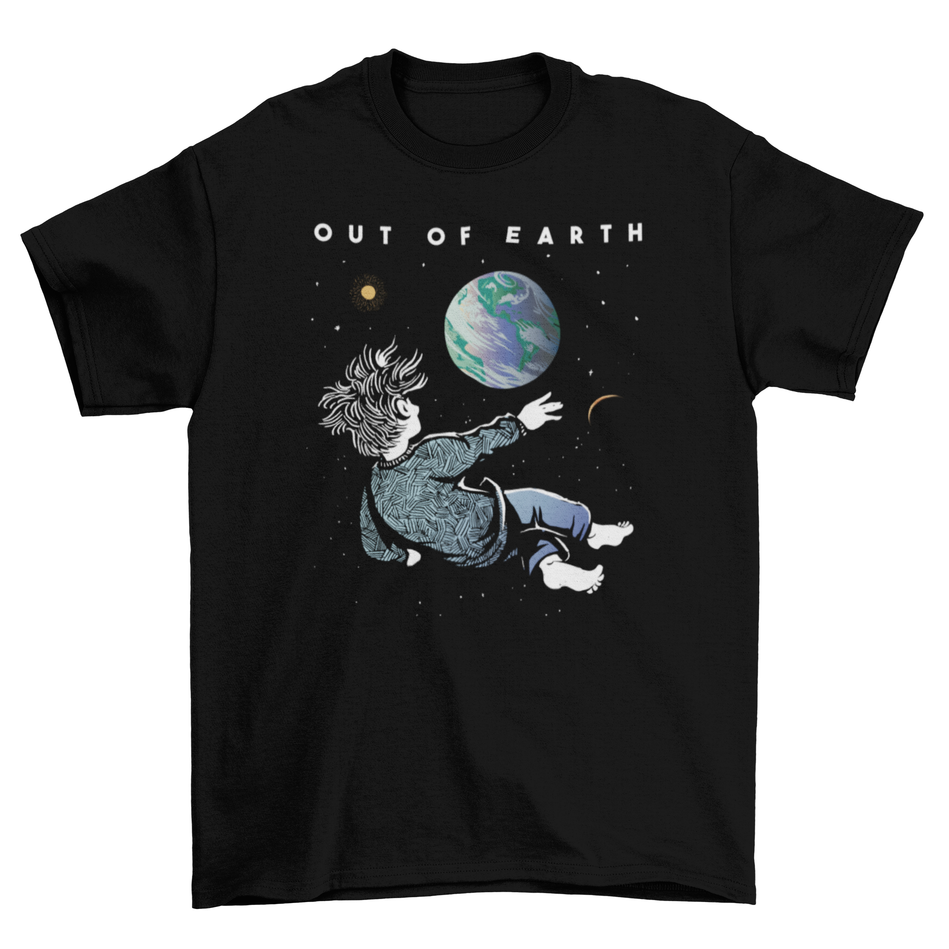 A stylish t-shirt featuring a person floating in space, observing Earth with the quote 'Out of Earth'.