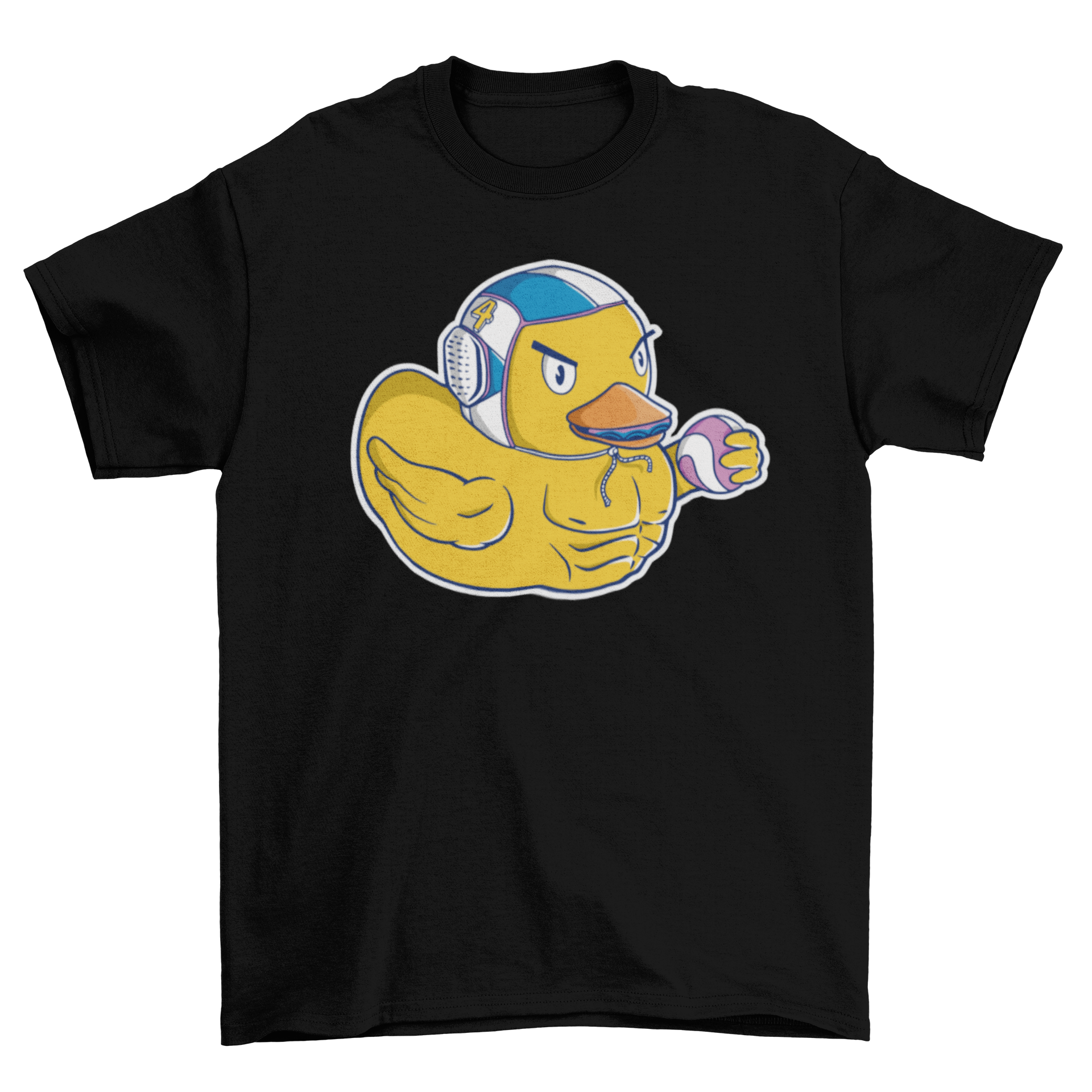 A playful t-shirt featuring a duck in a swimming cap, ready to play water polo, showcasing a fun and sporty design.