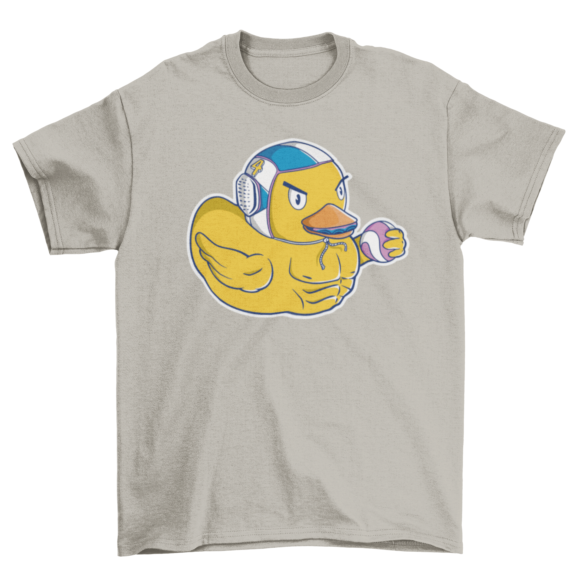 A playful t-shirt featuring a duck in a swimming cap, ready to play water polo, showcasing a fun and sporty design.