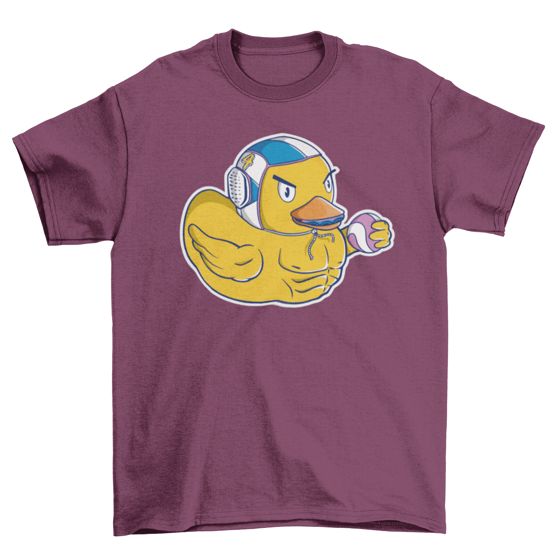 A playful t-shirt featuring a duck in a swimming cap, ready to play water polo, showcasing a fun and sporty design.