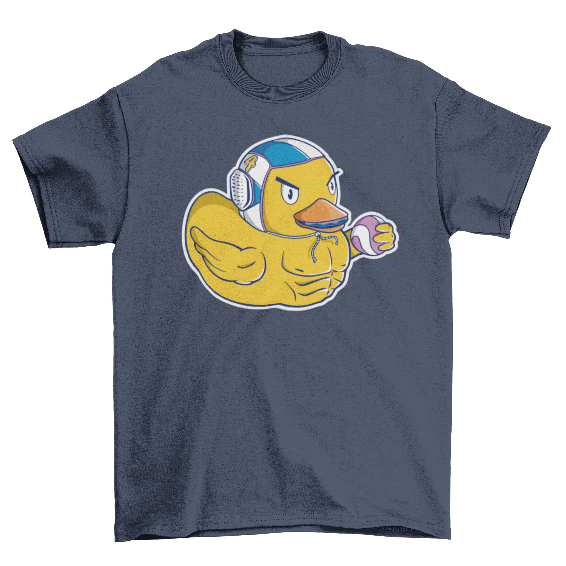 A playful t-shirt featuring a duck in a swimming cap, ready to play water polo, showcasing a fun and sporty design.