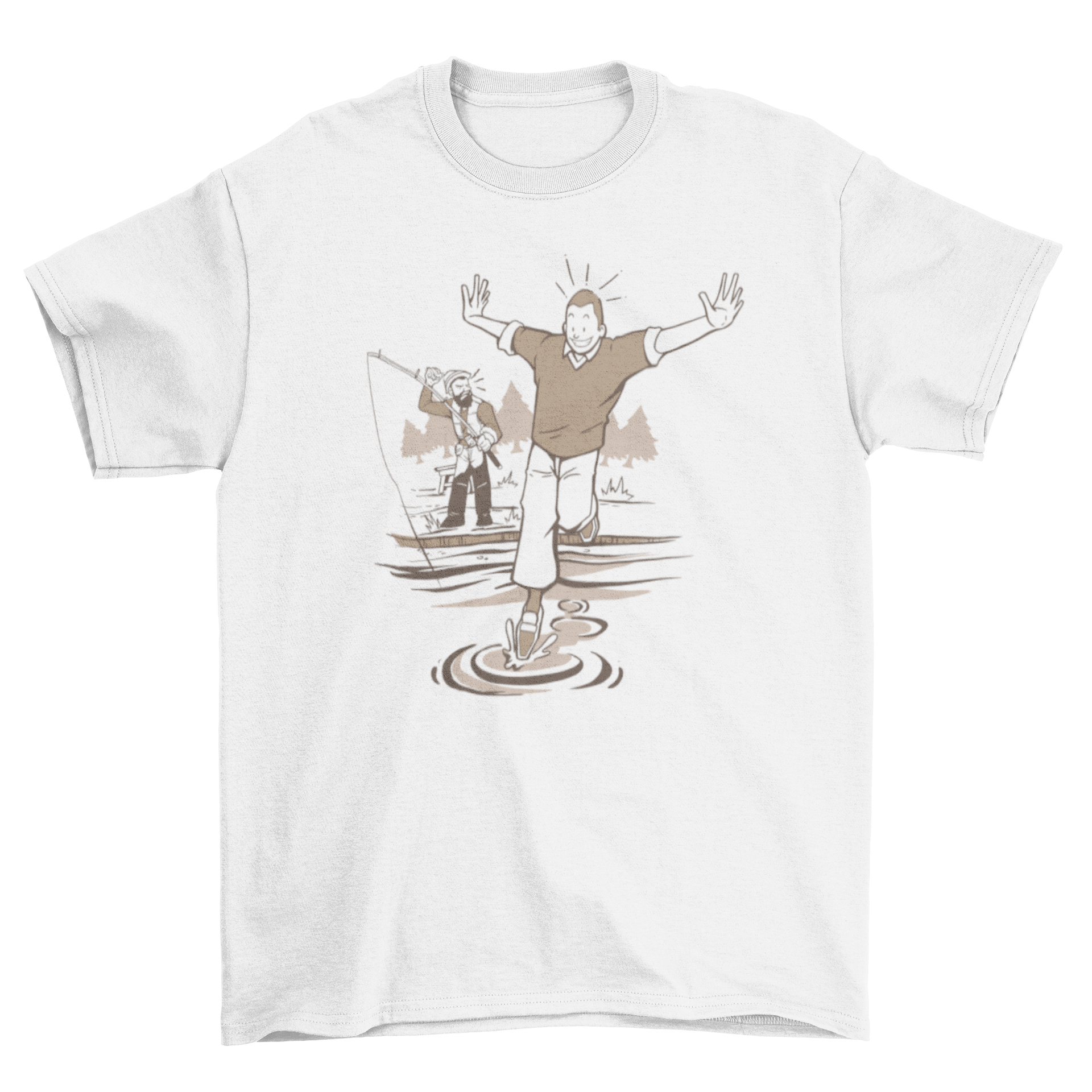 A cheerful fisherman walking on water, featured on a stylish T-shirt.