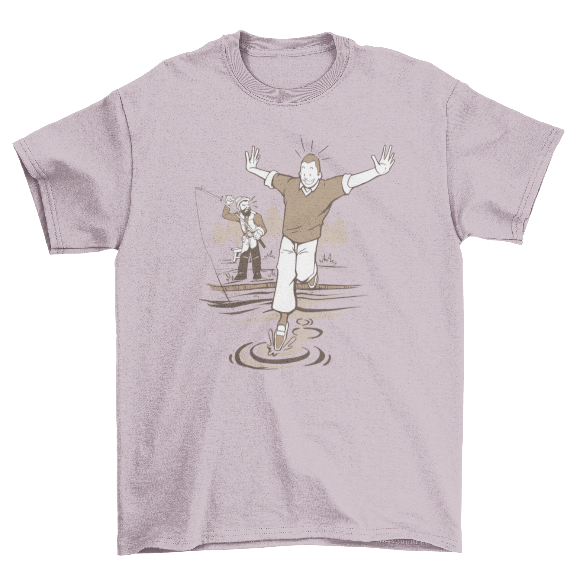 A cheerful fisherman walking on water, featured on a stylish T-shirt.
