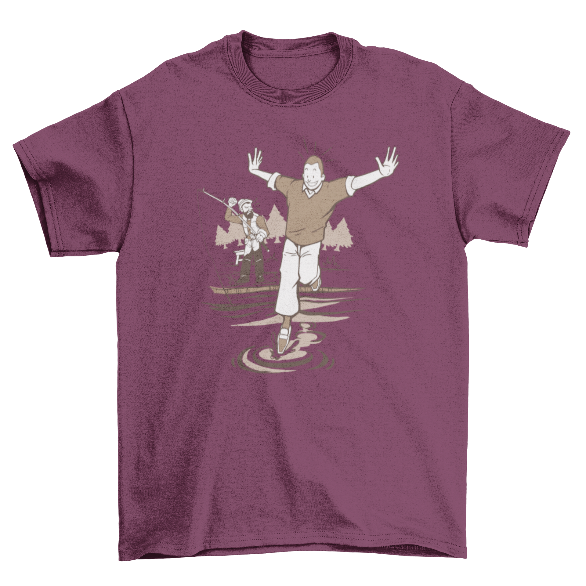 A cheerful fisherman walking on water, featured on a stylish T-shirt.
