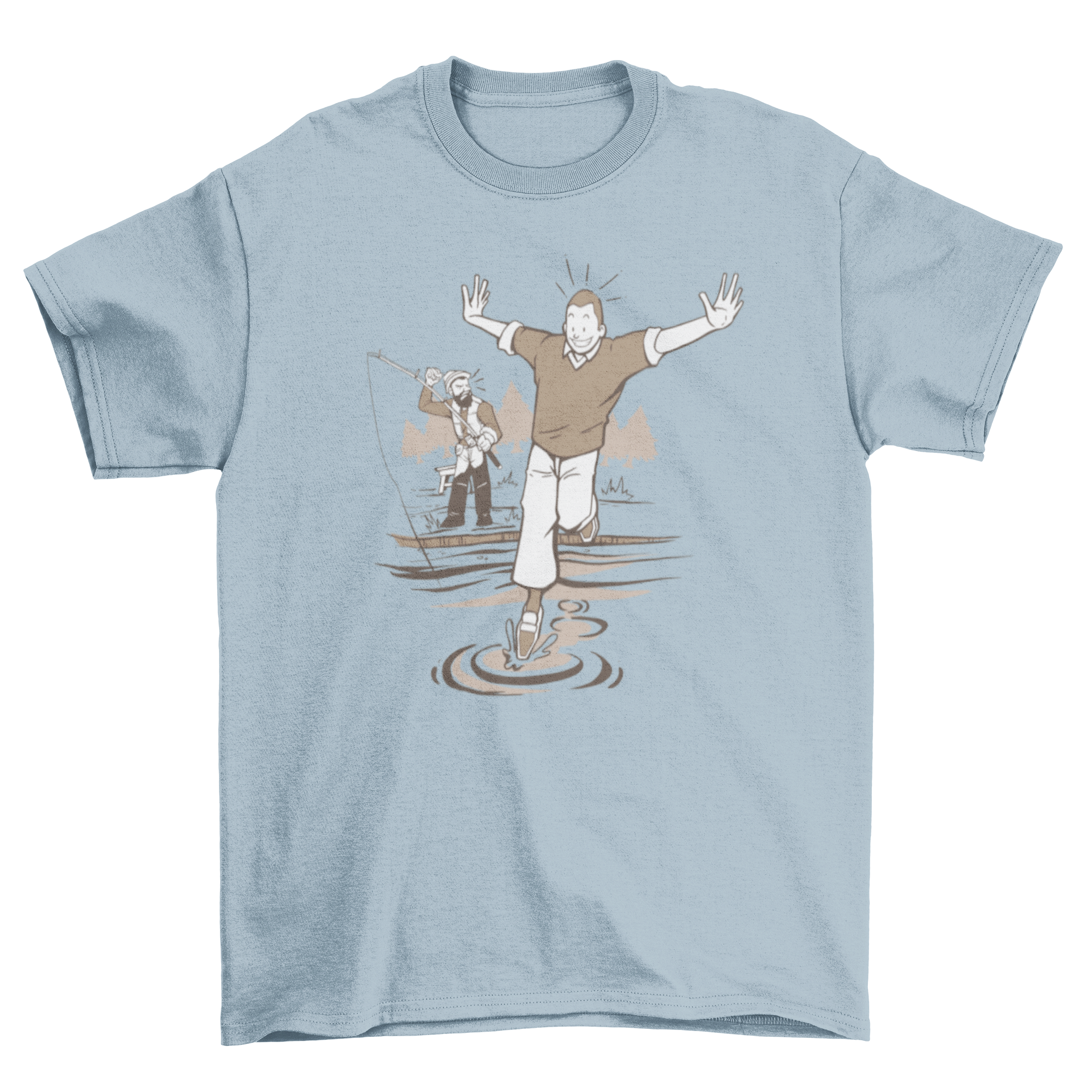 A cheerful fisherman walking on water, featured on a stylish T-shirt.