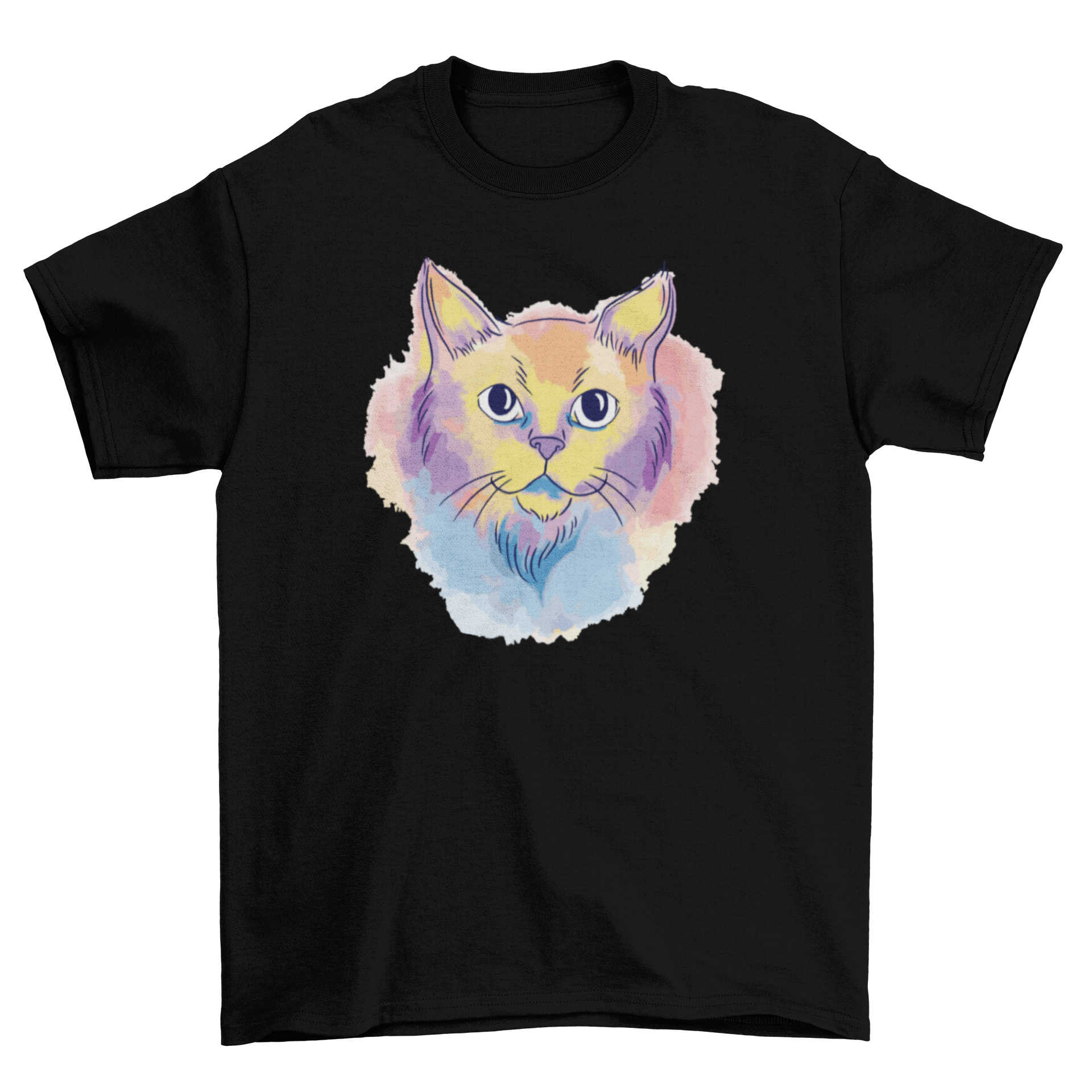 A stylish t-shirt featuring a colorful watercolor illustration of a cat, perfect for cat lovers.