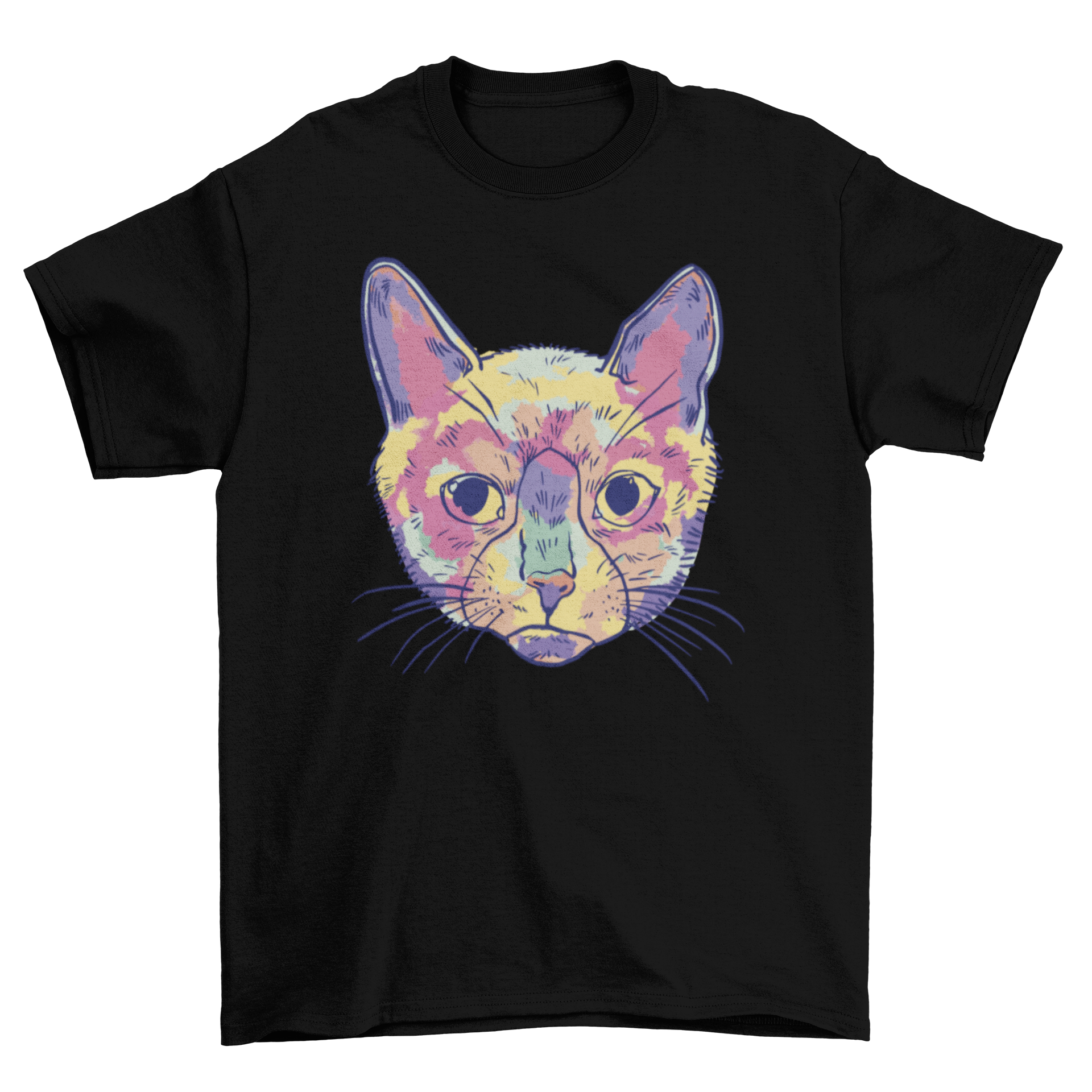 A vibrant watercolor illustration of a colorful cat on a soft t-shirt, showcasing artistic design.