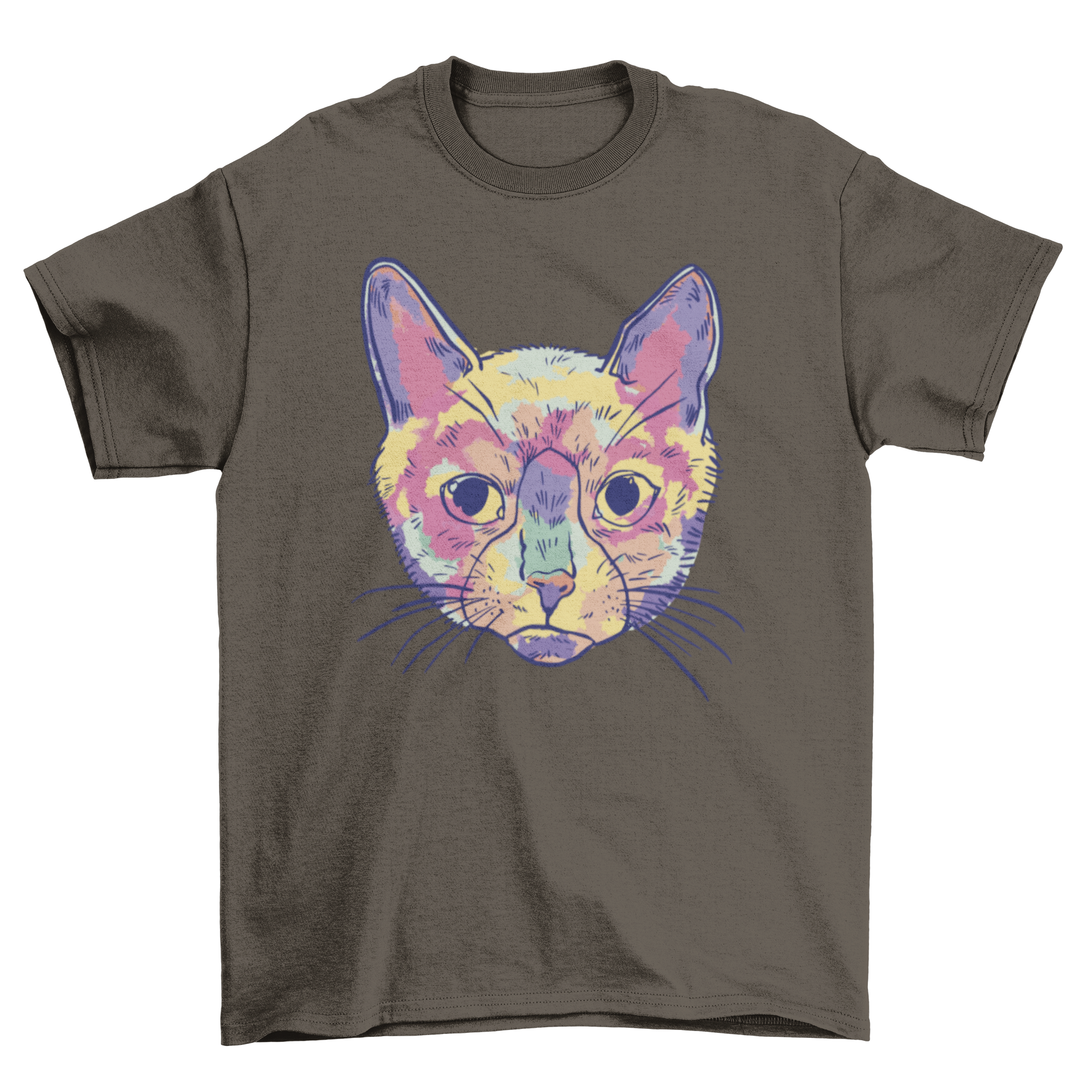 A vibrant watercolor illustration of a colorful cat on a soft t-shirt, showcasing artistic design.