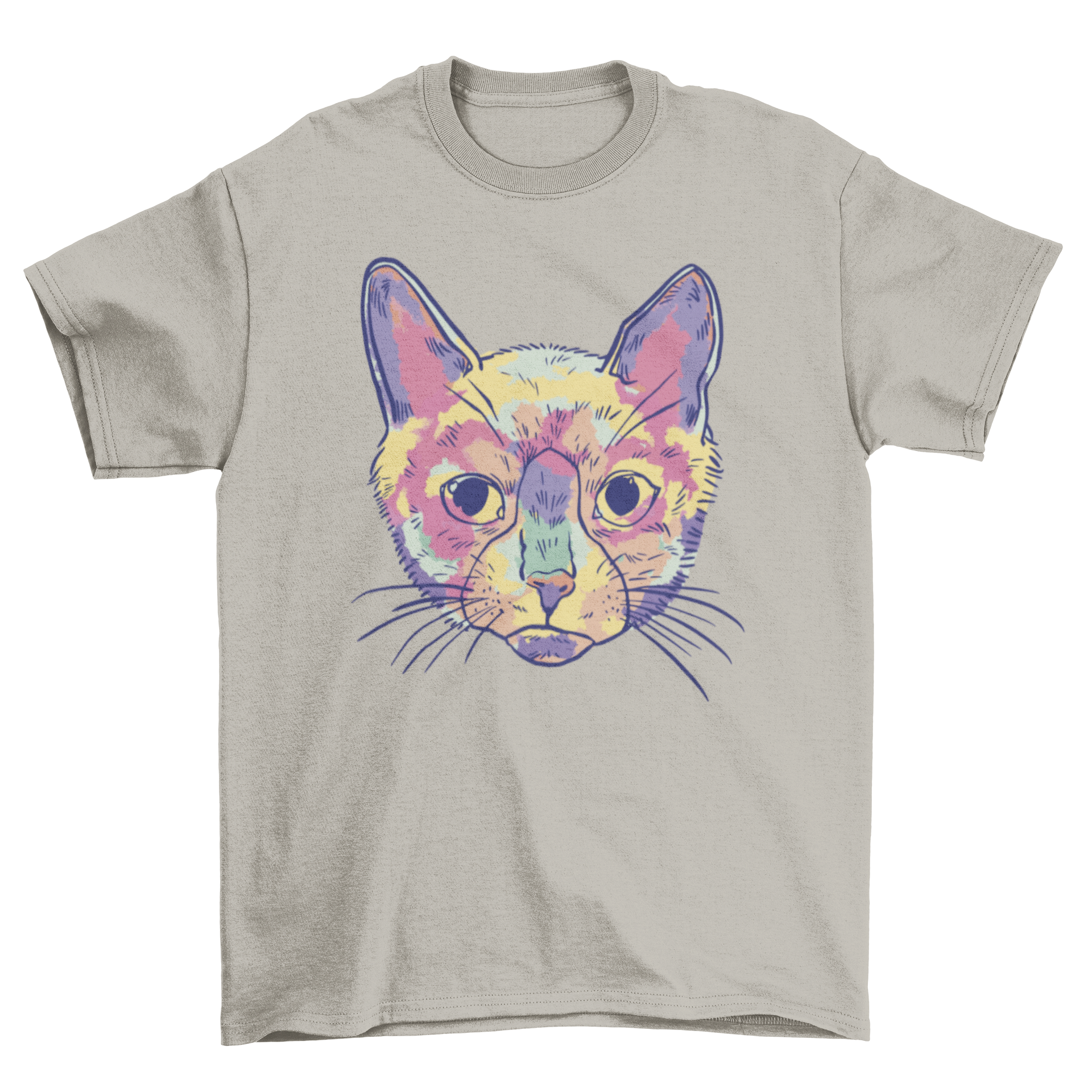 A vibrant watercolor illustration of a colorful cat on a soft t-shirt, showcasing artistic design.
