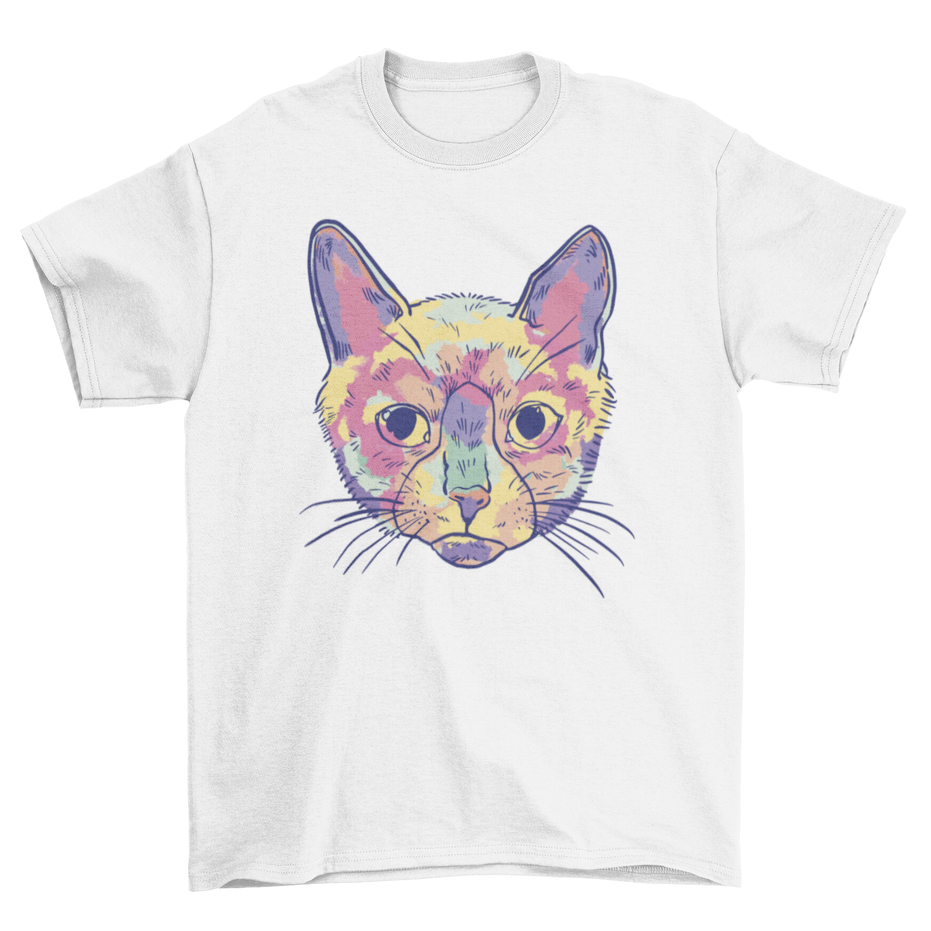 A vibrant watercolor illustration of a colorful cat on a soft t-shirt, showcasing artistic design.