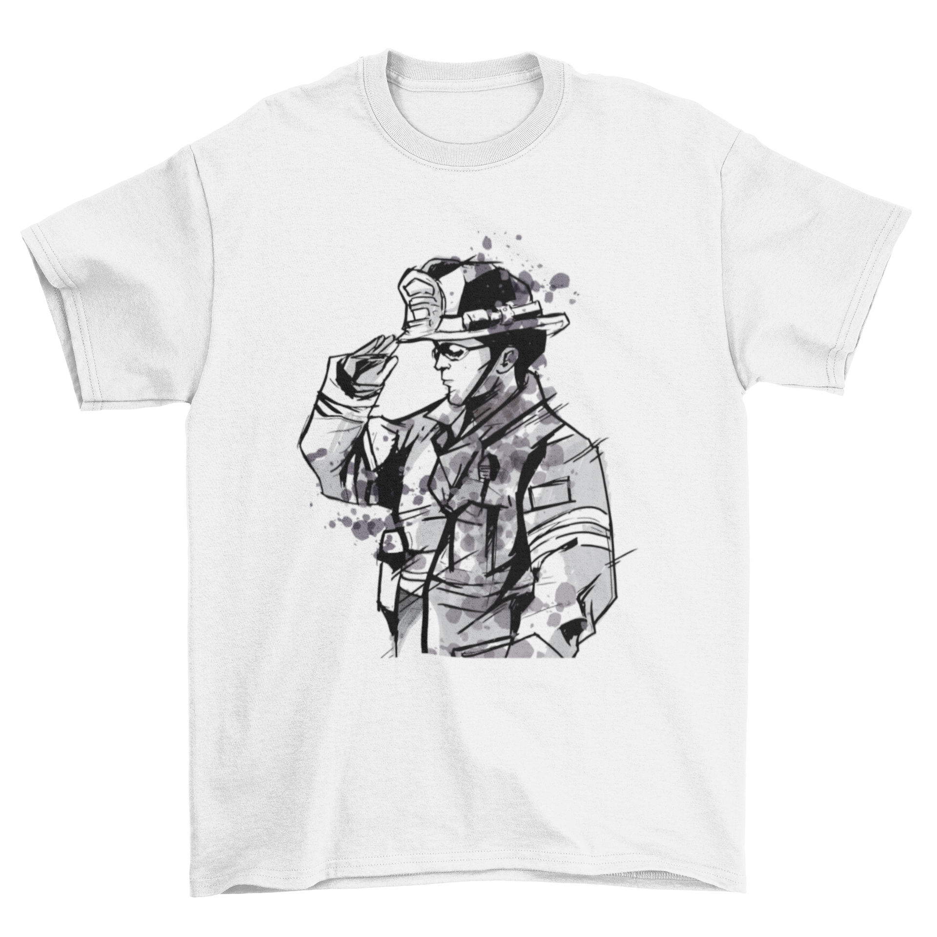 Watercolor Firefighter T-shirt featuring a vibrant illustration of a fireman in watercolor style, showcasing bravery and heroism.