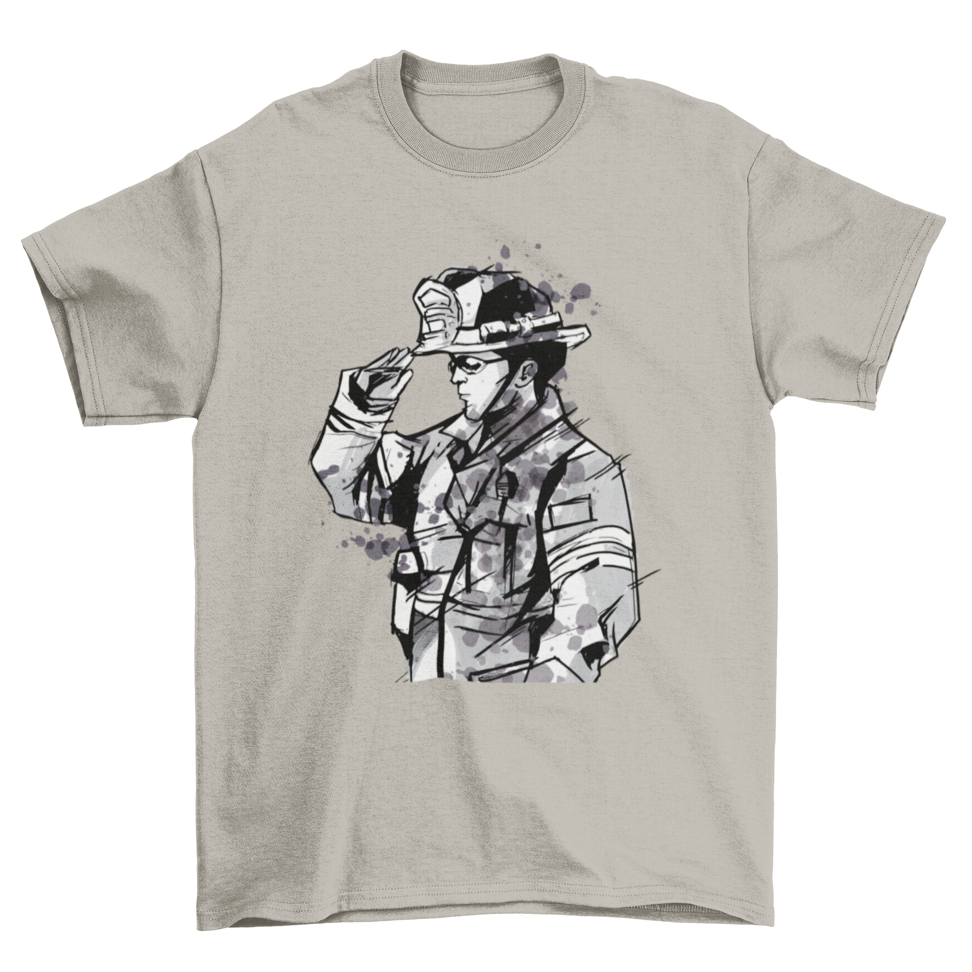 Watercolor Firefighter T-shirt featuring a vibrant illustration of a fireman in watercolor style, showcasing bravery and heroism.
