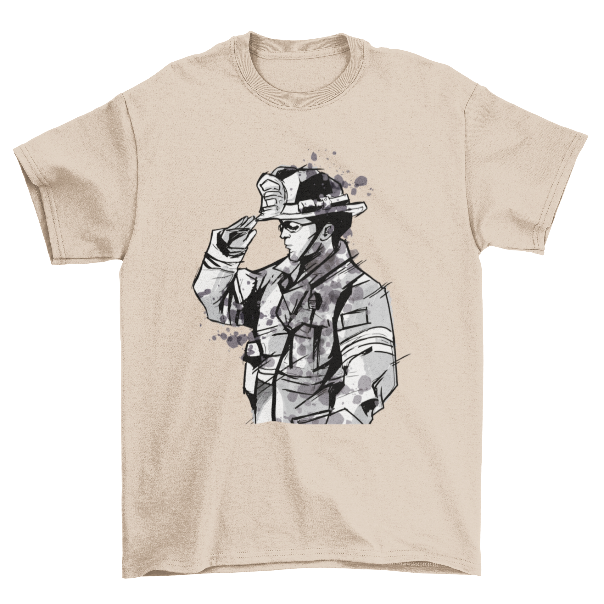 Watercolor Firefighter T-shirt featuring a vibrant illustration of a fireman in watercolor style, showcasing bravery and heroism.