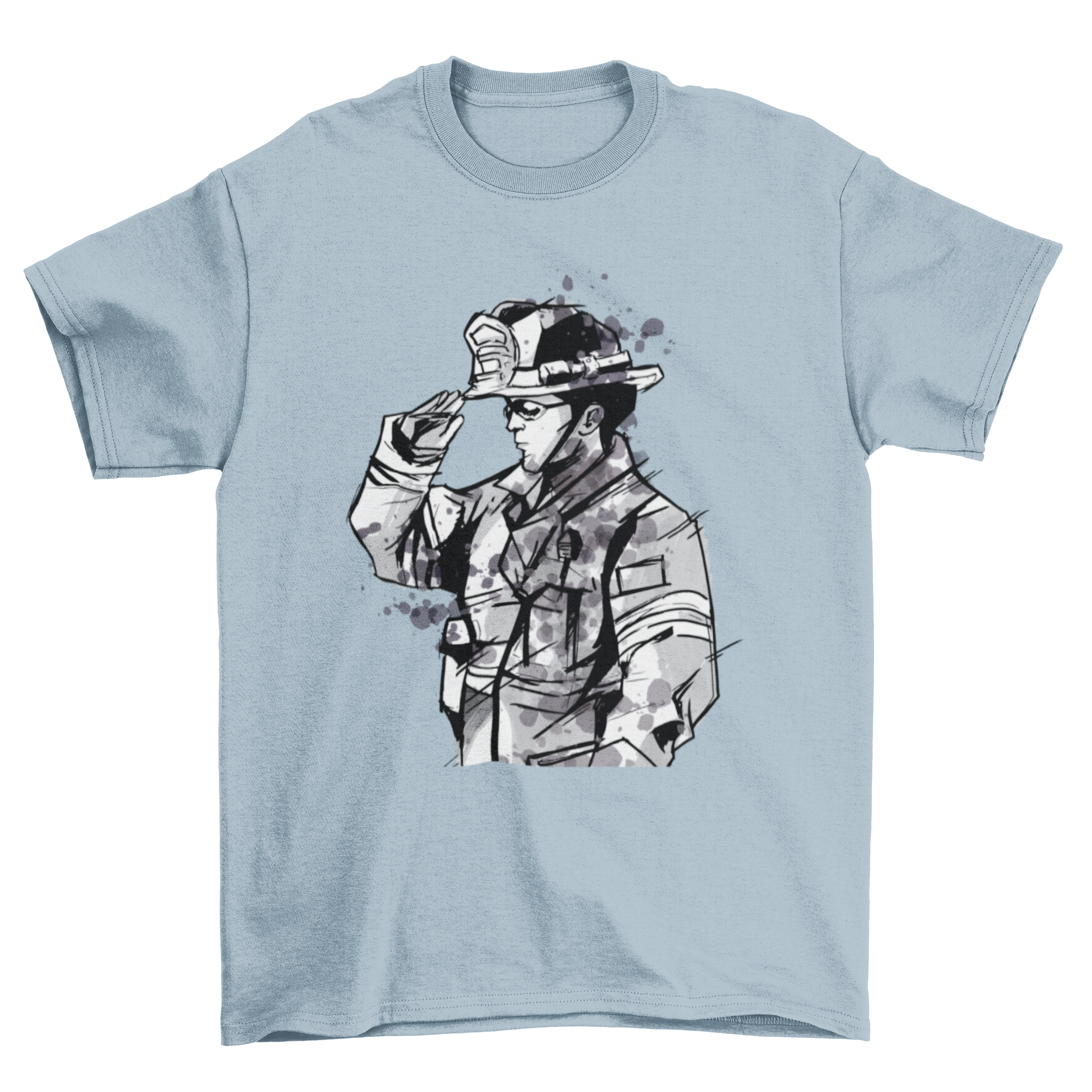 Watercolor Firefighter T-shirt featuring a vibrant illustration of a fireman in watercolor style, showcasing bravery and heroism.