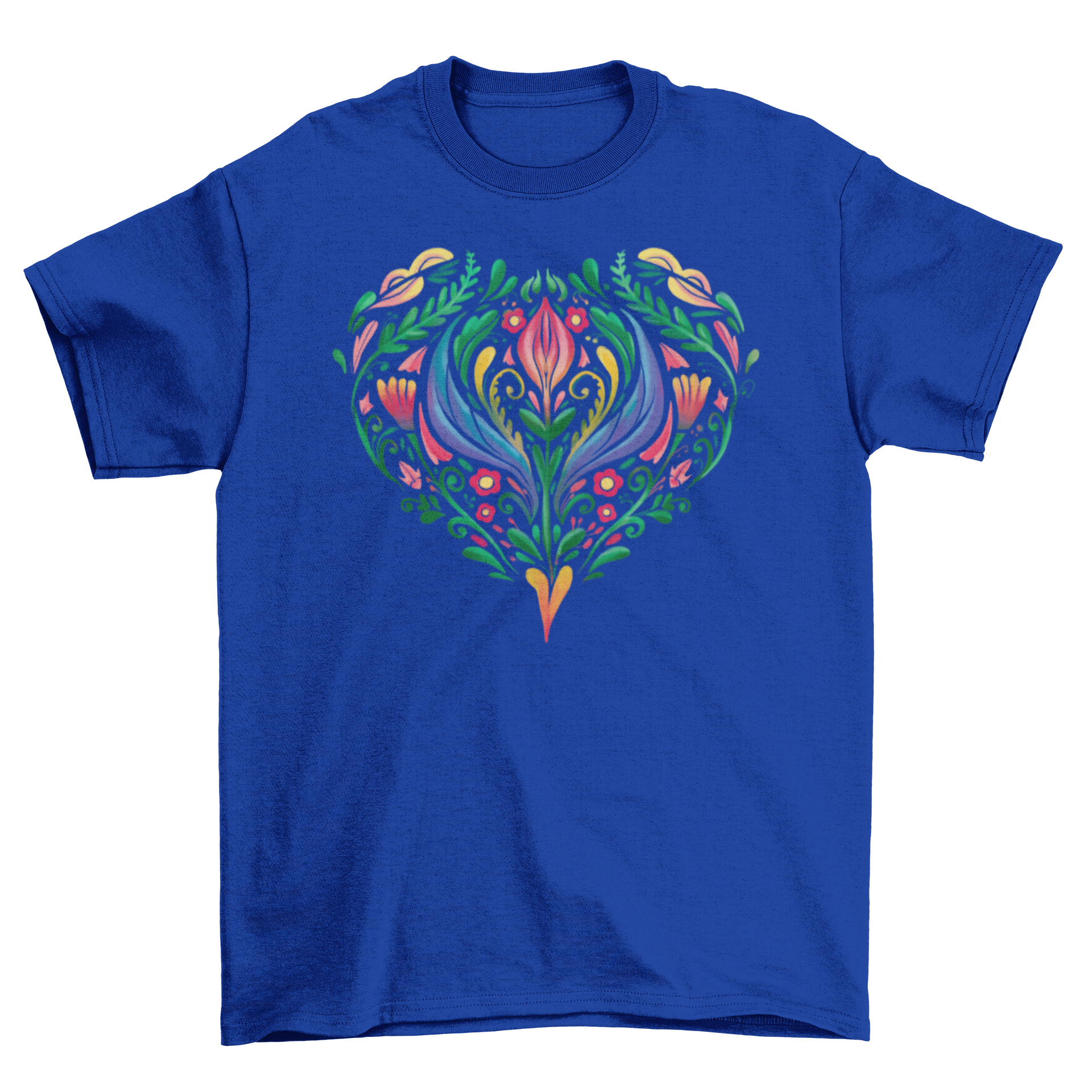 A stylish t-shirt featuring a heart design made of colorful watercolor flowers, perfect for casual wear.