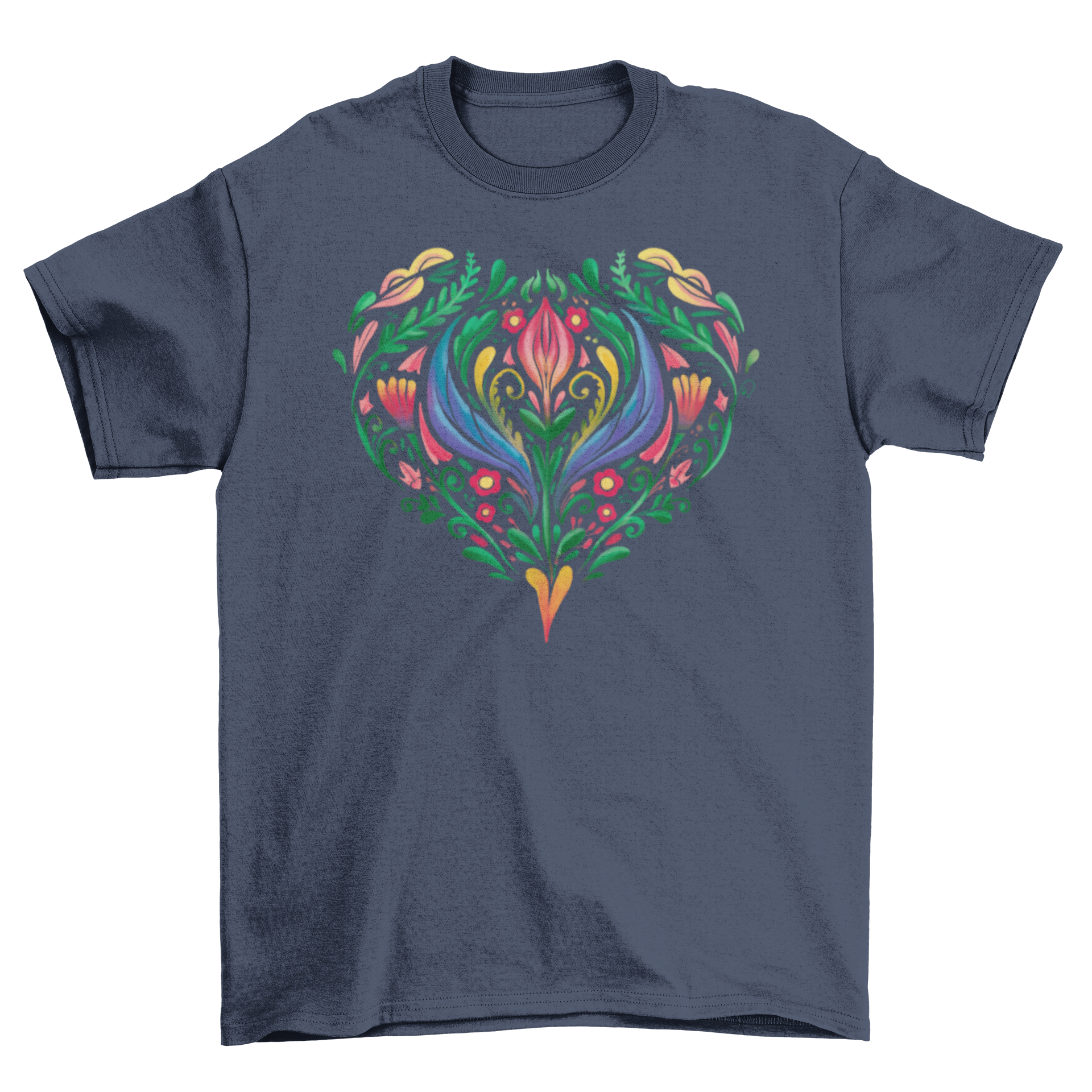 A stylish t-shirt featuring a heart design made of colorful watercolor flowers, perfect for casual wear.