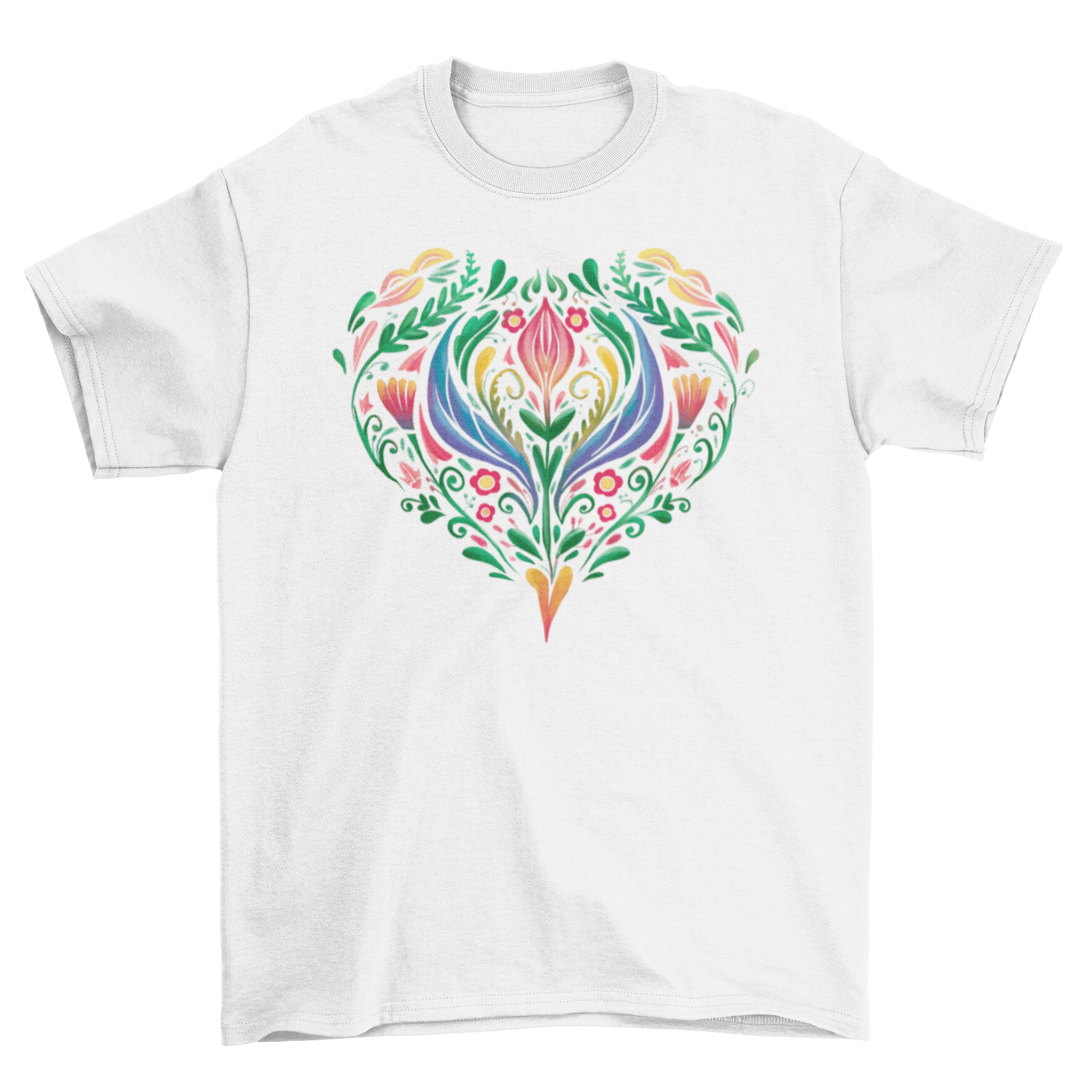 A stylish t-shirt featuring a heart design made of colorful watercolor flowers, perfect for casual wear.