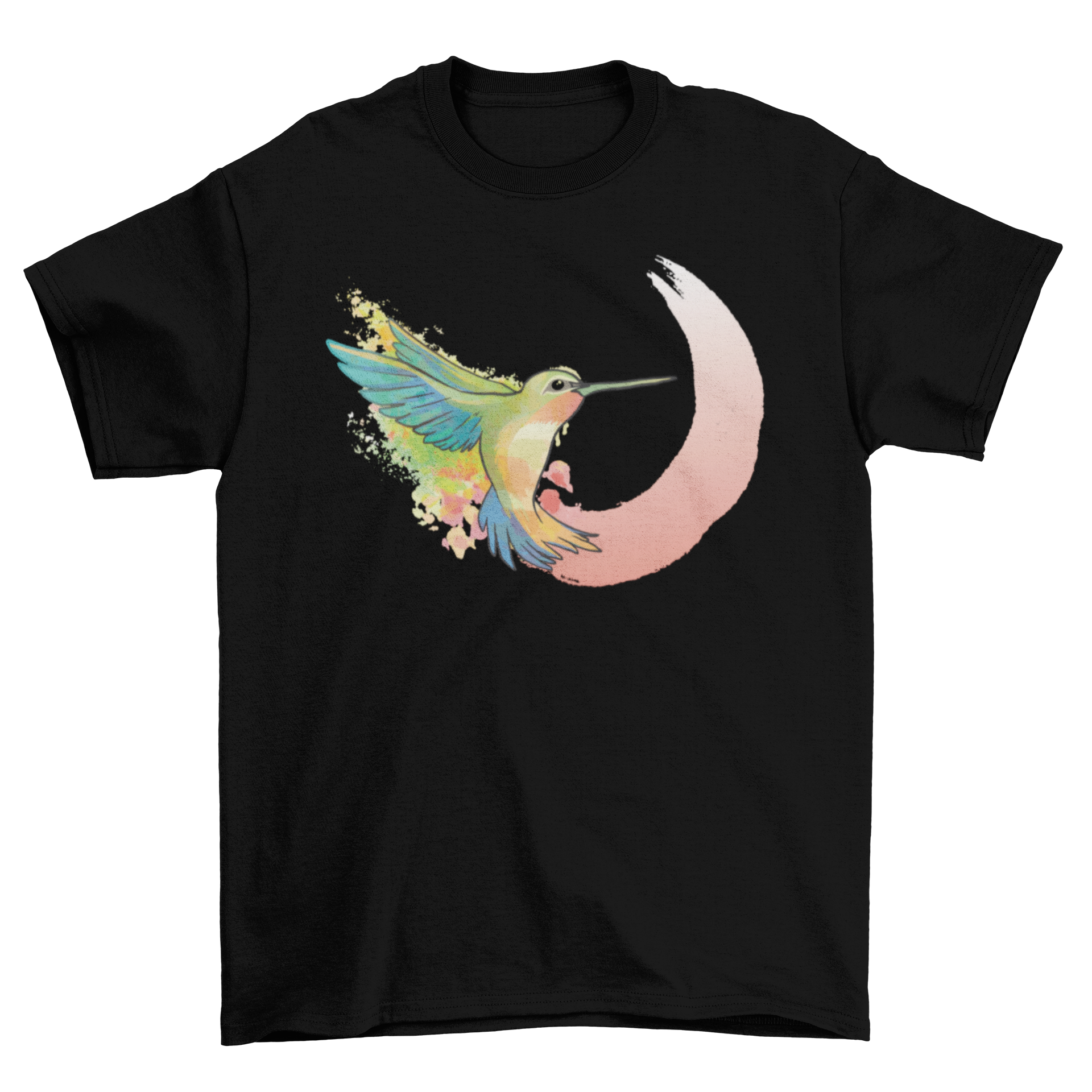 A vibrant watercolor t-shirt featuring a hummingbird in flight, showcasing artistic design and soft fabric.