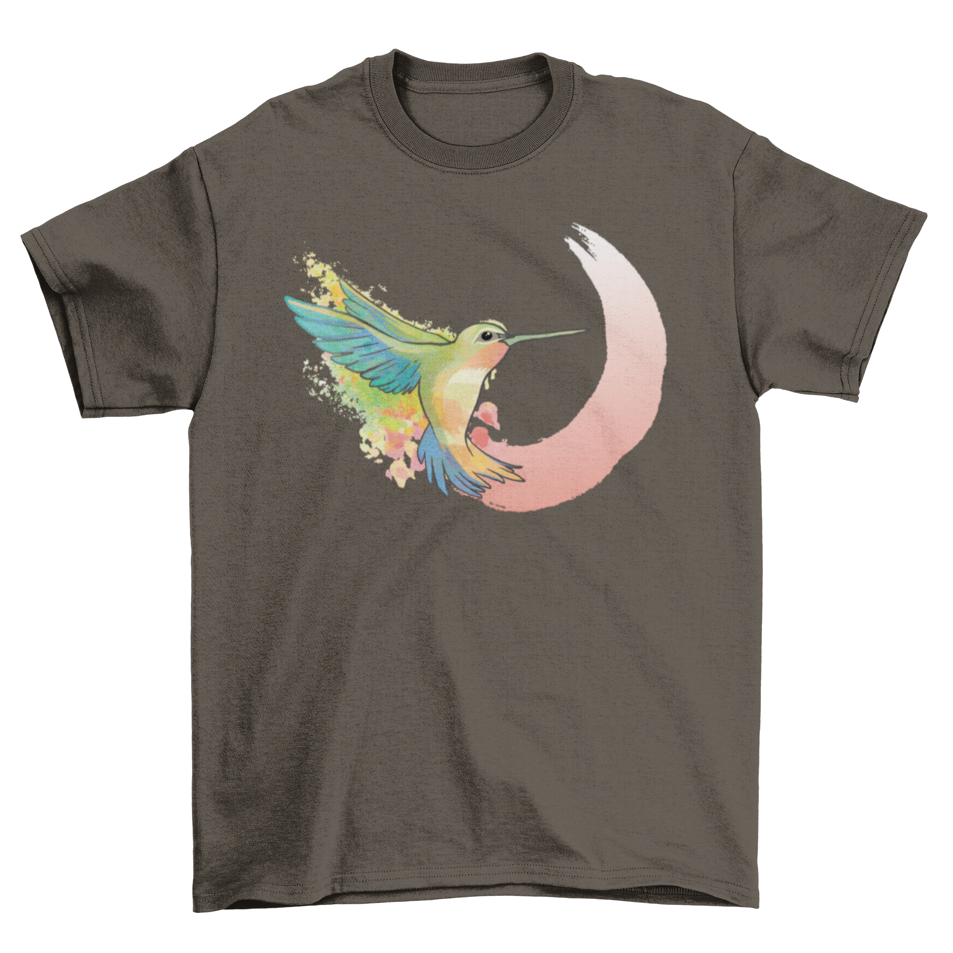 A vibrant watercolor t-shirt featuring a hummingbird in flight, showcasing artistic design and soft fabric.