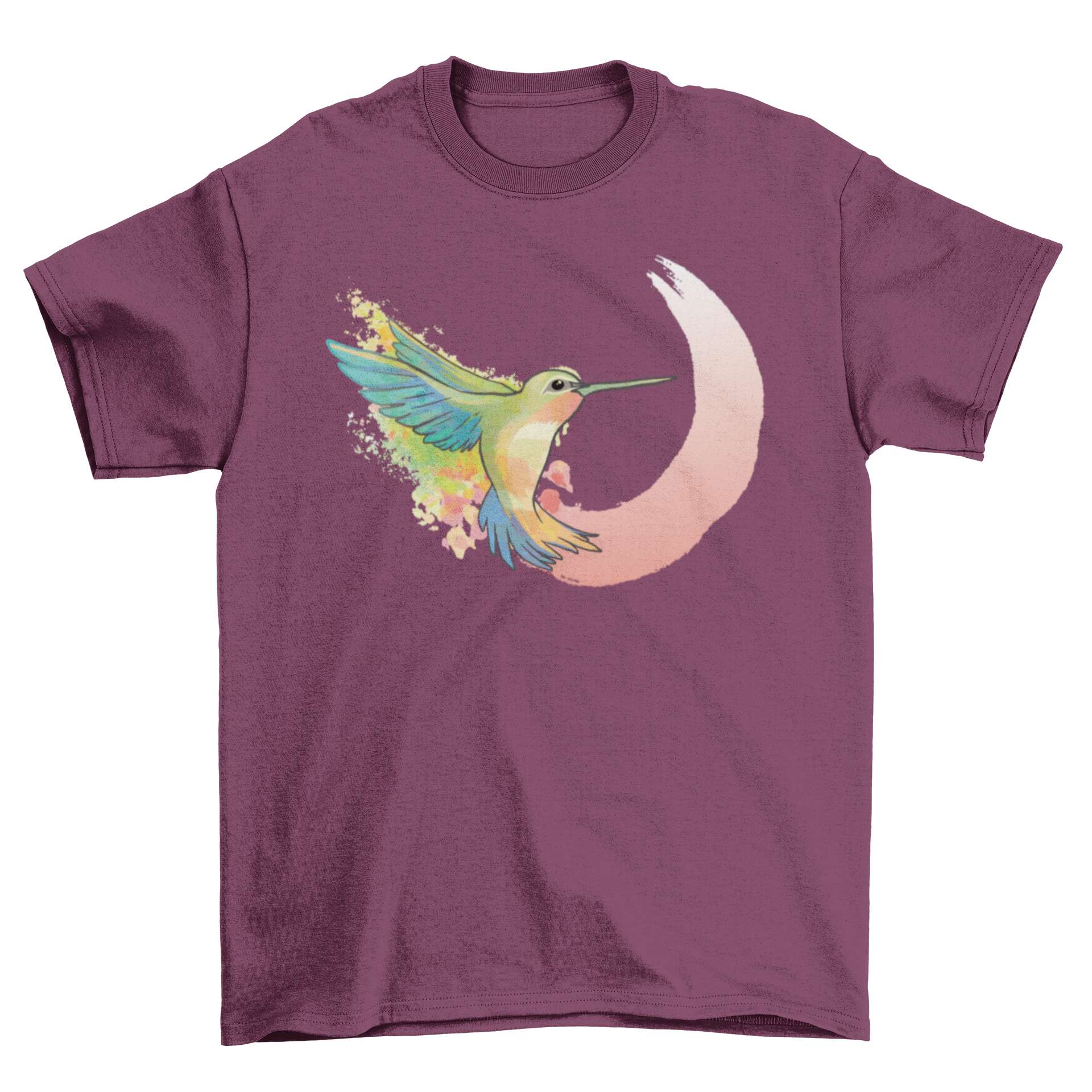 A vibrant watercolor t-shirt featuring a hummingbird in flight, showcasing artistic design and soft fabric.