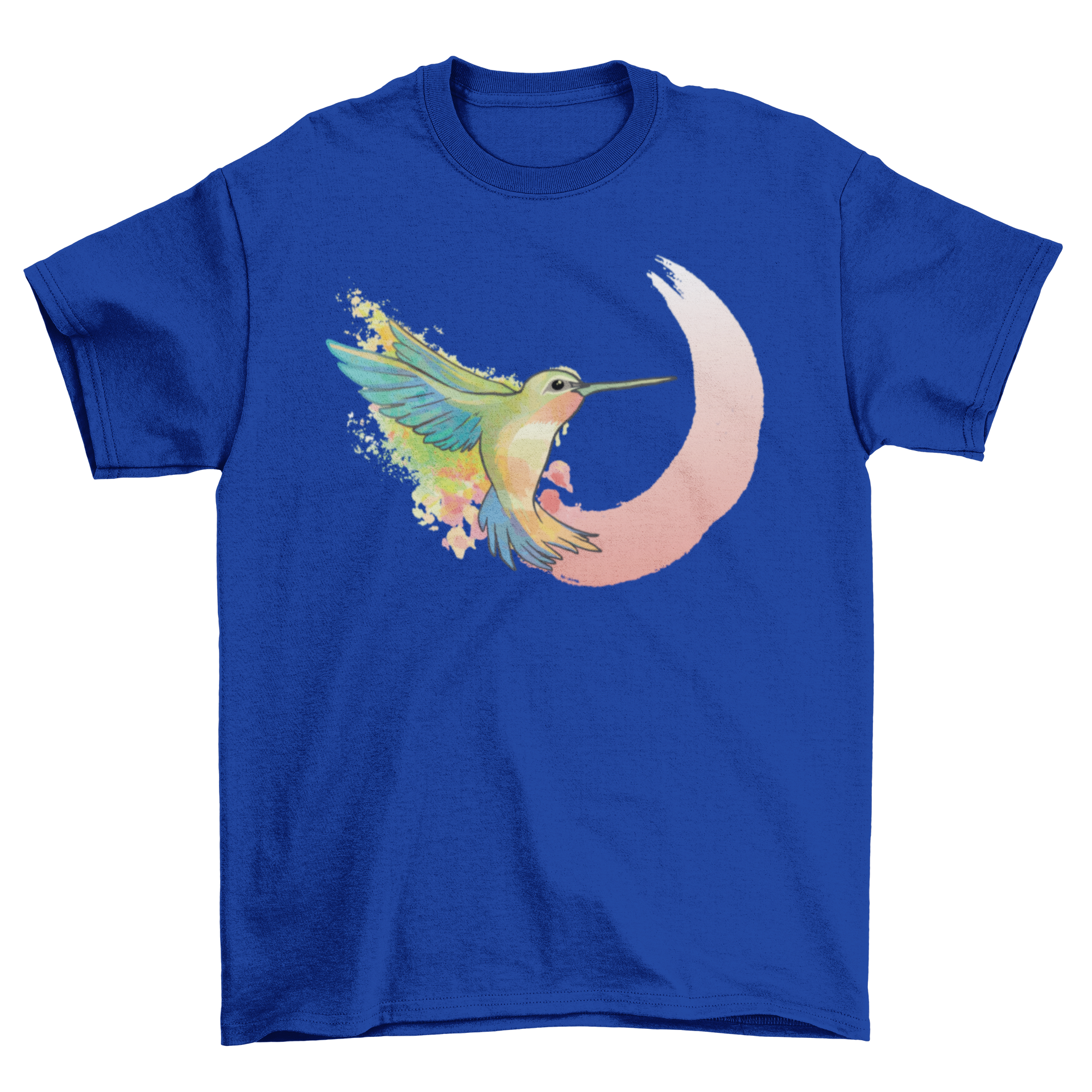A vibrant watercolor t-shirt featuring a hummingbird in flight, showcasing artistic design and soft fabric.