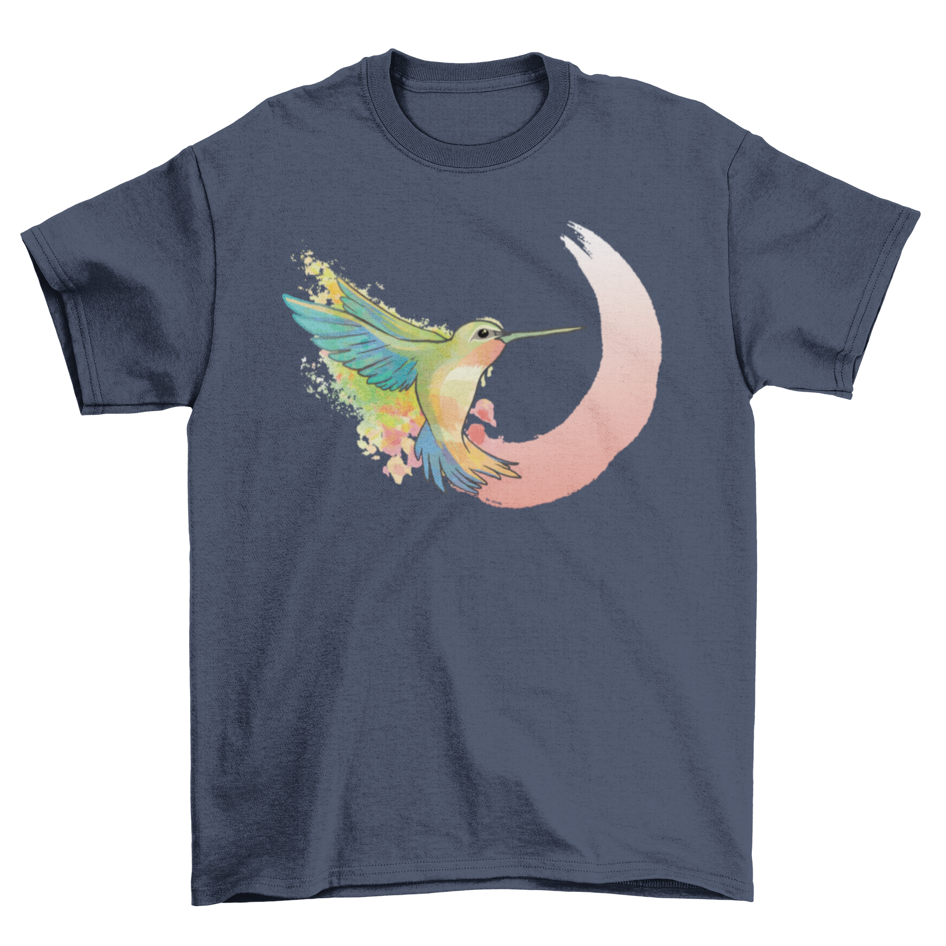 A vibrant watercolor t-shirt featuring a hummingbird in flight, showcasing artistic design and soft fabric.