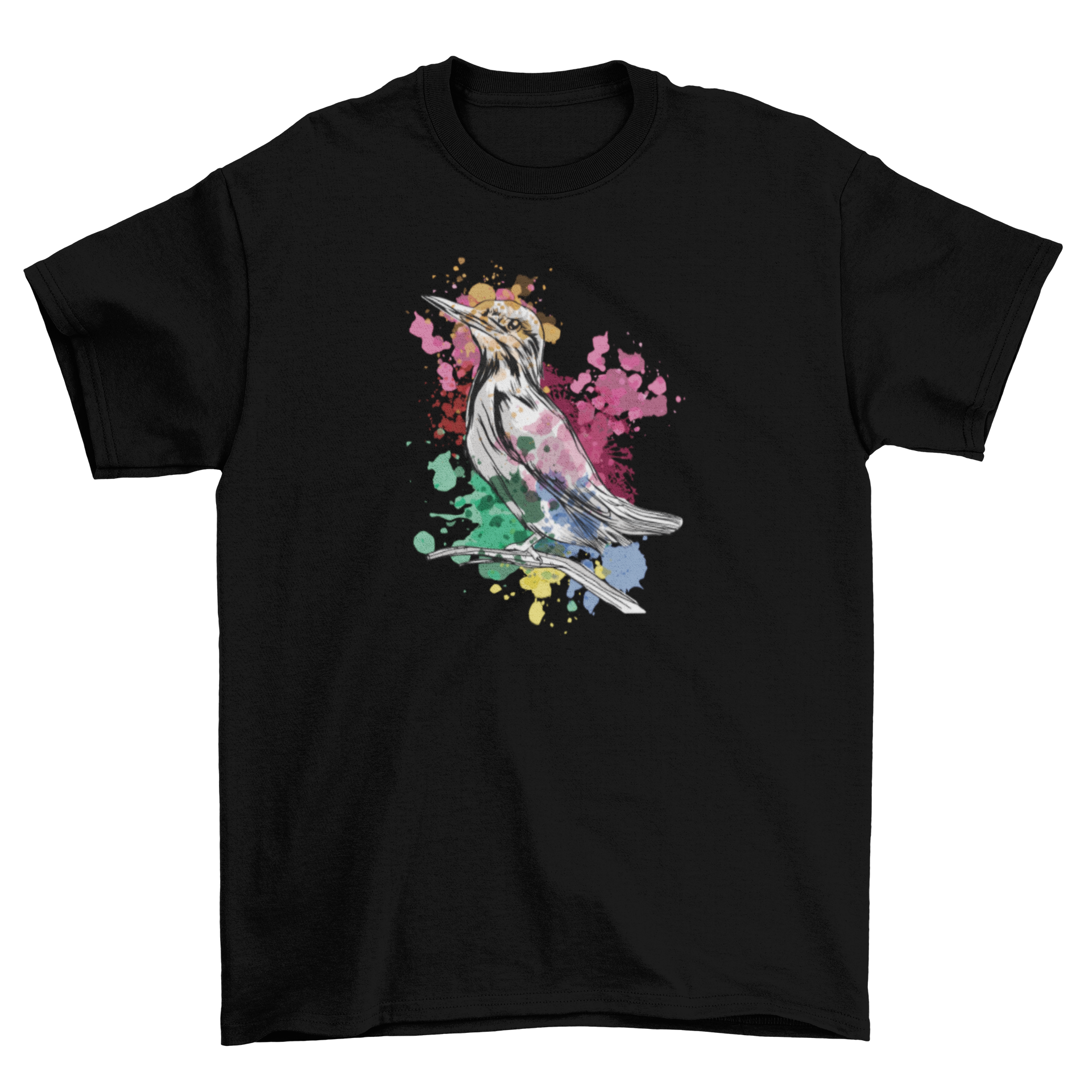 A vibrant Watercolor Kingfisher T-shirt featuring a beautifully illustrated kingfisher surrounded by colorful watercolor details.